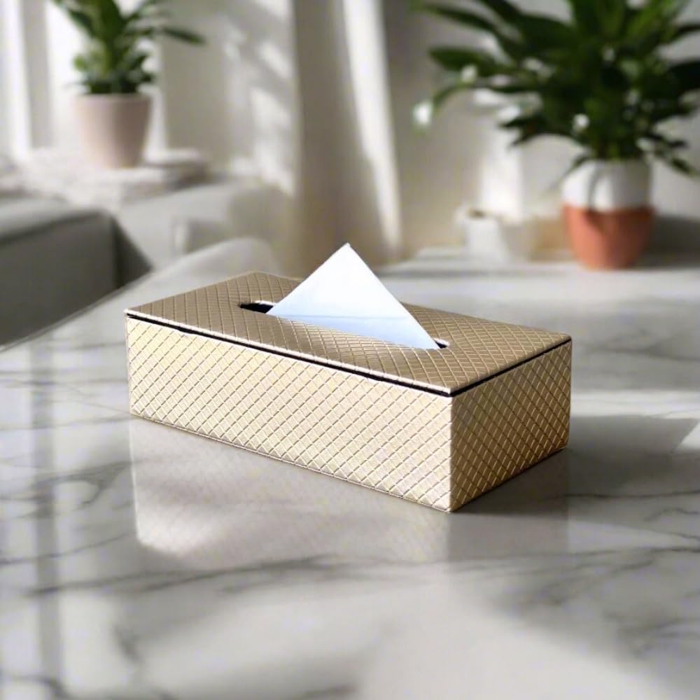 Mason Home Vegan Leather & MDF Braided Tissue Box - 1 Piece - L 10.5" x B 5.25" x H 3.5" | Paper Napkin Holder | Tissue Case - Dispenser - Organizer | Home - Office - Table - Car (Golden)