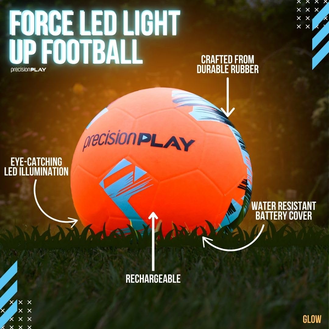 Precision Play Force - Balón de fútbol con luz LED, Brilla en la Oscuridad, Recargable y Resistente al Agua, Naranja Fluorescente, construcción de Goma Duradera, tamaño 5