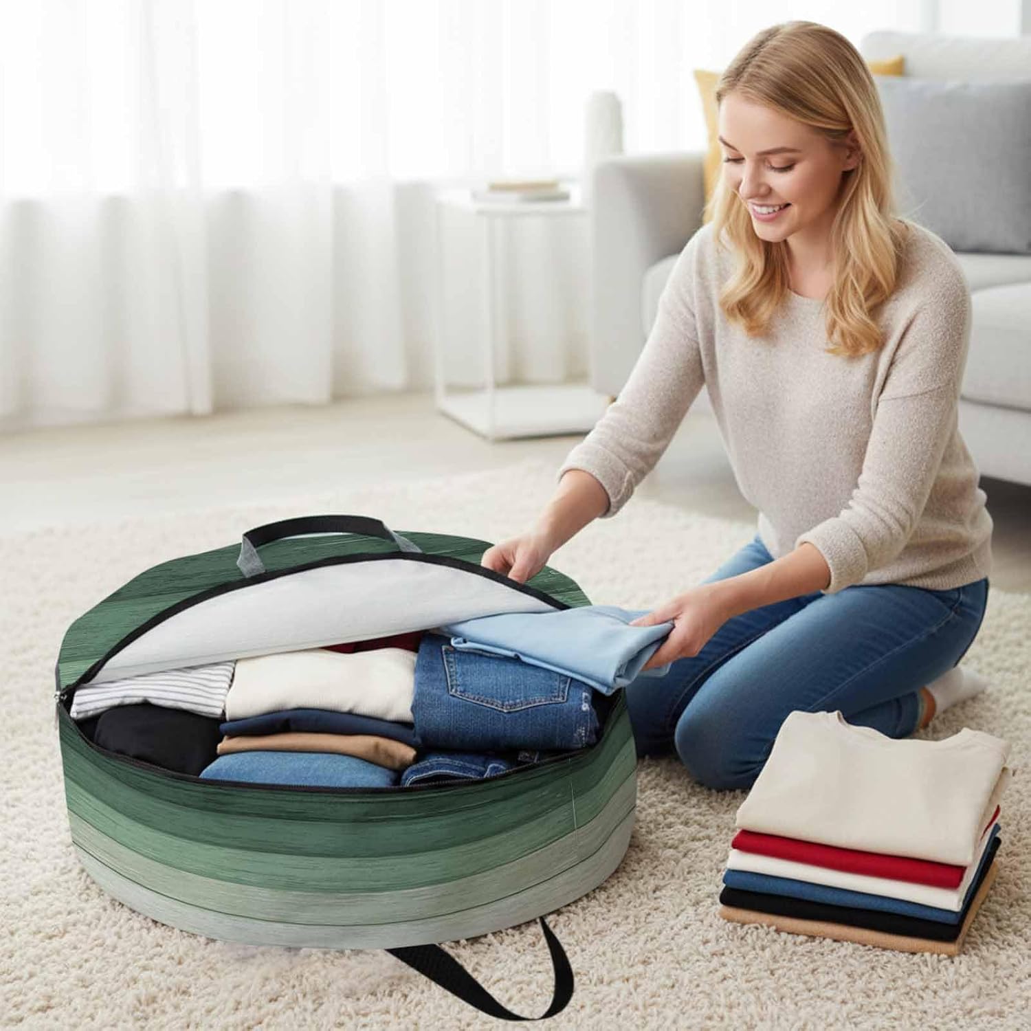 Rustic Stripes Round Storage Bag 36 Inch, Green Gradient Farmhouse Wood Grain Clothes Storage Container with Handles Heavy Duty Organizer for Comforter, Bedding & Holiday Wreaths