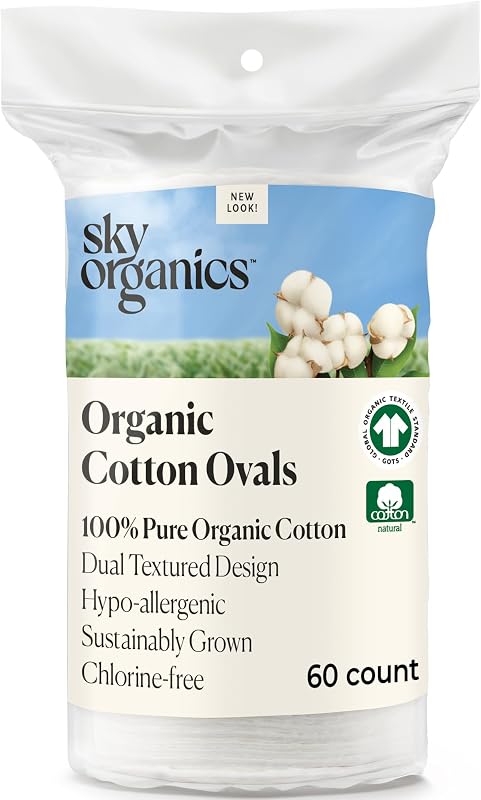 Discos ovais grandes de algodão orgânico Sky Organics com duas texturas, sem cloro, Pacote com 60
