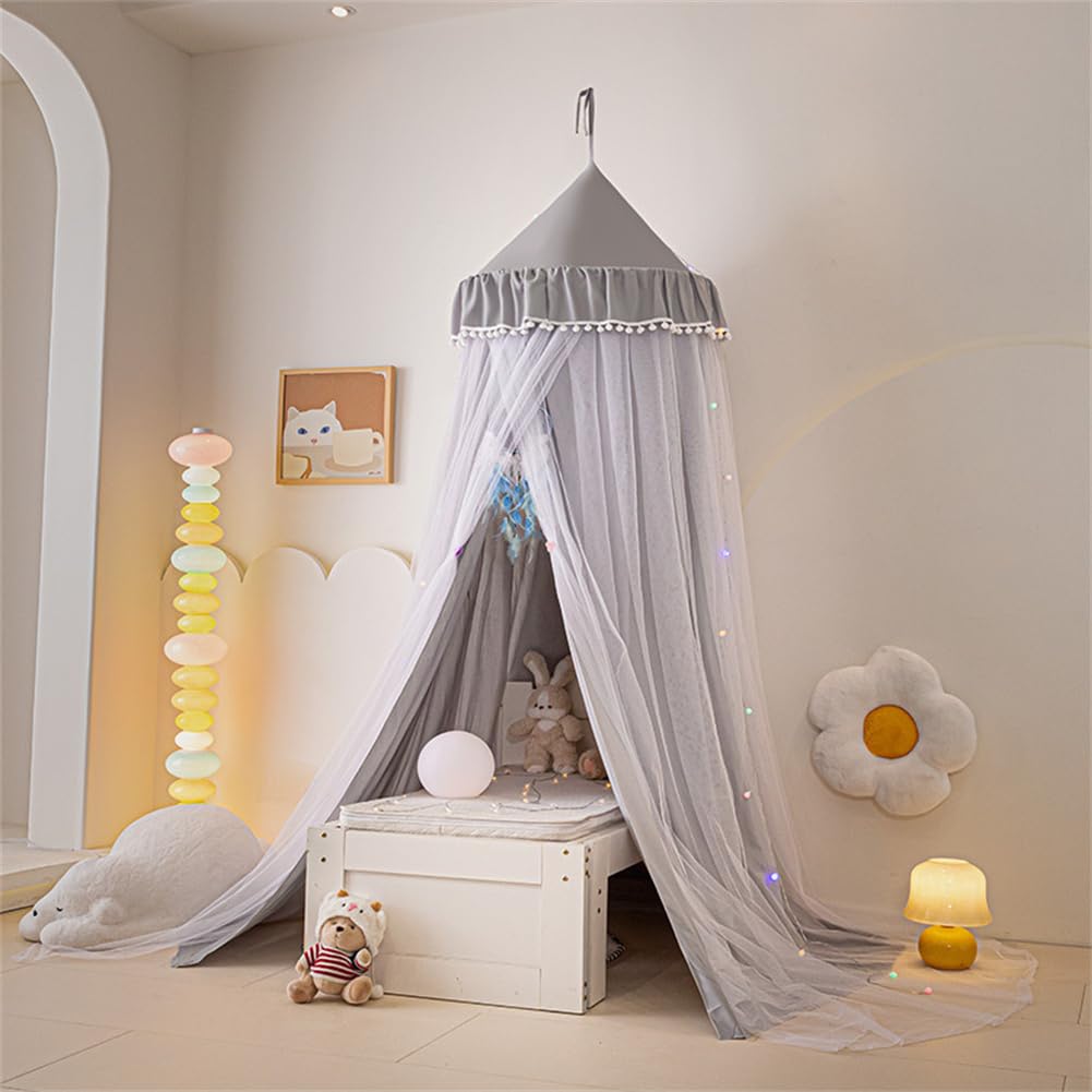 Odot Bed Canopy for Girls and Boys, Hanging Canopy for Bedroom Kids Bed Double Layer Canopies for Children, Princess Bed Mosquito Net Dome for Baby Cot, Nursery, Reading Corner (Grey)