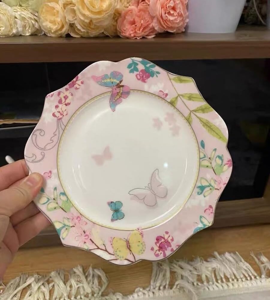 10.5-inch Round Patterned Dessert Plate, Breakfast and Afternoon Tea Ceramic Plate with Butterfly Pattern, Porcelain,Pink