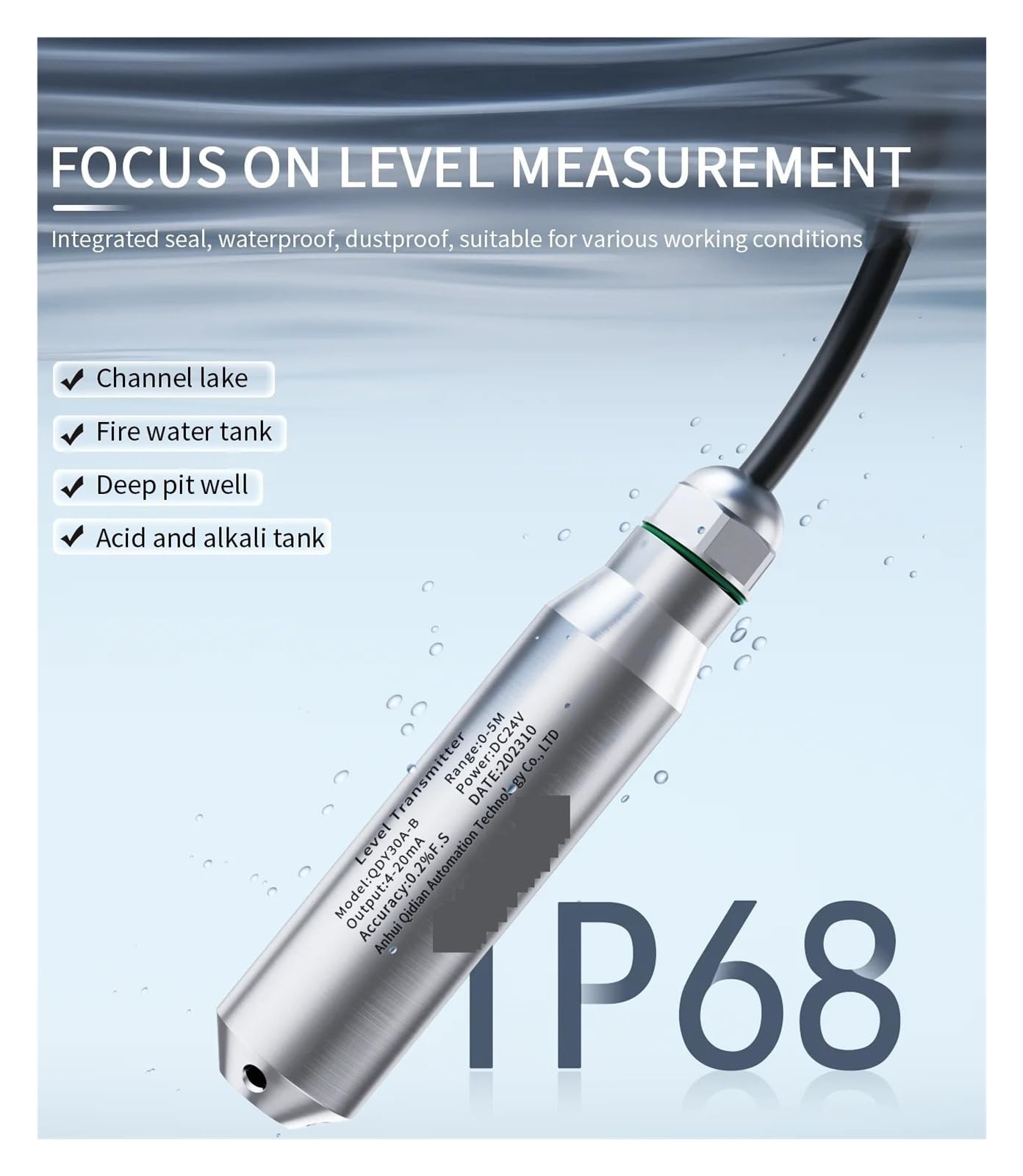 Sensor de nivel agua 4-20 mA 0-10 V 0-5 Salida RS485 0-500 m Cable 304SS Transmisor líquido Anti-flexión(15m range 20 m cable,4-20mA)