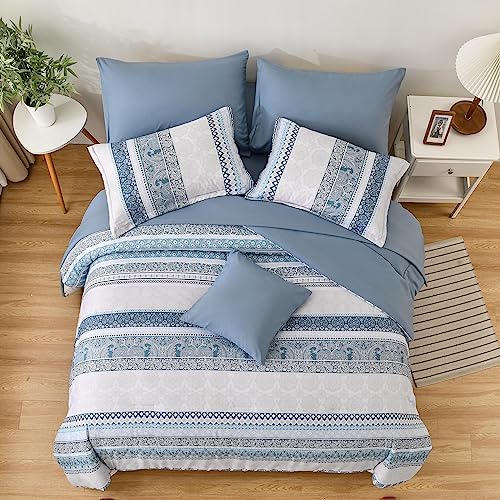 Image of Cottolester Boho Comforter Set King Size Light Blue Comforter Set 8 Piece Bed in a Bag Striped Paisley Bedding Sets