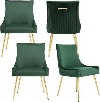 adochr Velvet Dining Chairs Set of 4, Modern Upholstered Kitchen Chair with Pull Handle & Pleated Back, Mid Century Accent Chair with Gold Metal Legs for Vanity,Dining,Kitchen,Living Room, Green