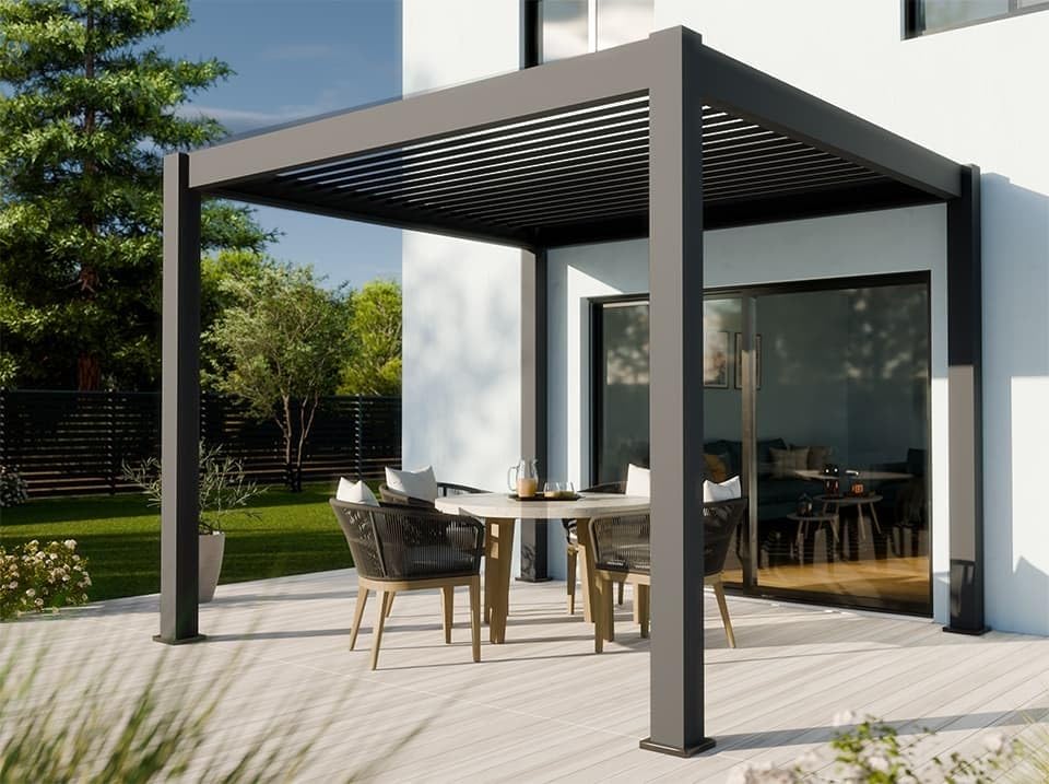 Direct ABRIS Pergola Bioclimatique Autoportée Aurora - 3x3 m - Gris Anthracite - Lames Orientables - Store Inclus