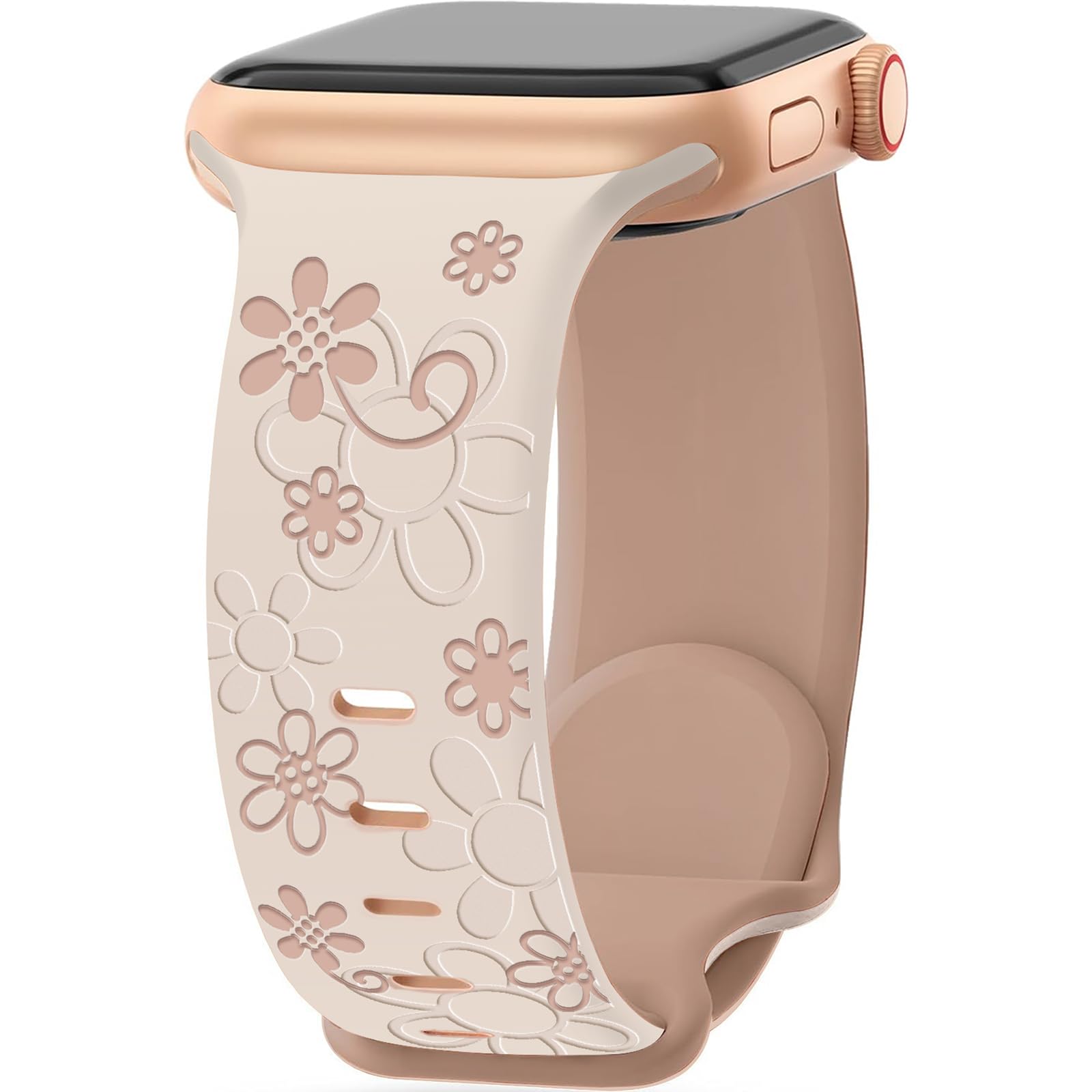 Floral Engraved Band Compatible with Apple Watch Series 10 46mm Series 9 8 7 6 5 4 3 SE 1 2 40mm 41mm 38mm Women,Two-Tone Cute Flower Soft Silicone Waterproof Band