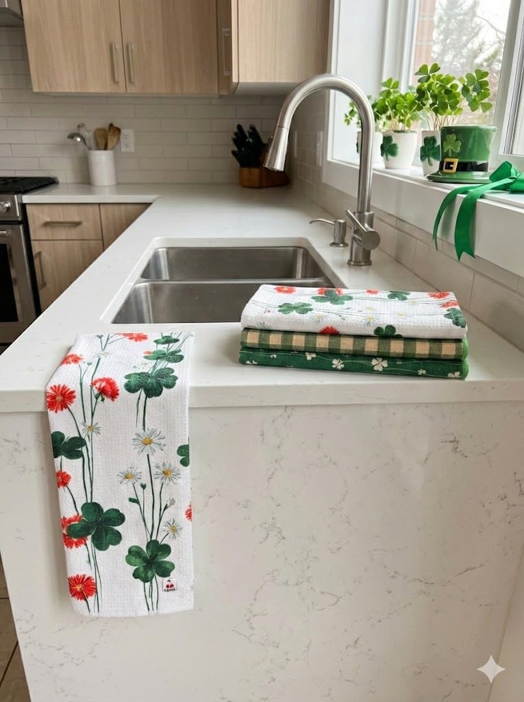 Cerise Green Floral Kitchen Towels - Set of 3 16x24 inches Quick Dry Microfiber Spring Dish Towels for Kitchen Drying - Premium Quick Dry Towel - Bloomy Clover