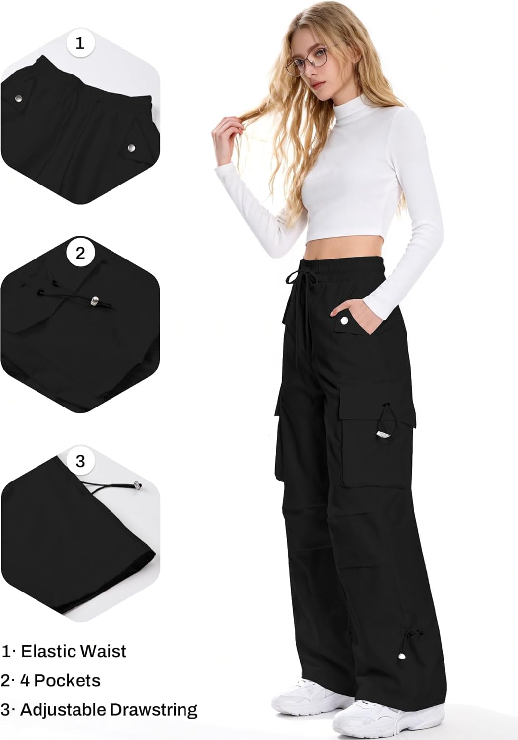 SANGTREE Women's Parachute Pants Drawstring Baggy Cargo Pants Y2K Hip Hop Streetwear Rave Pants - Image 5