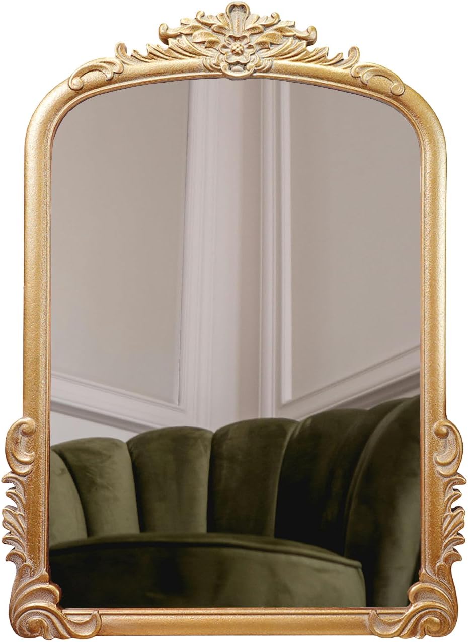 Vintage Arched Wall Mirror, Ornate Baroque Decorative Frame, Distressed Antique Gold Finish, Wall Mounted Mirror for Bathroom Vanity Bedroom Living Room (30 x 22 Inch)