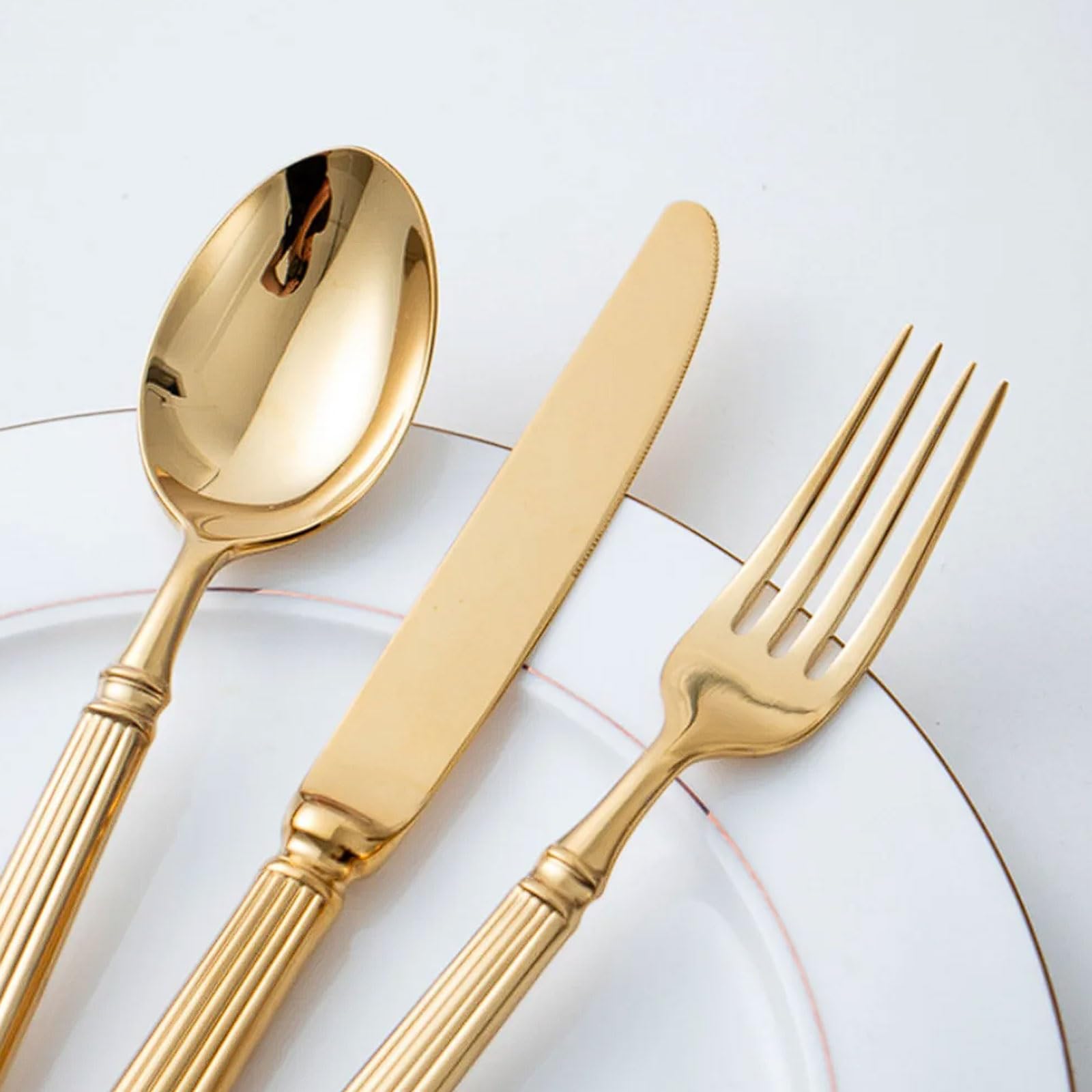 Juego de cubiertos acero inoxidable dorado 4 piezas, cuchillo for cena, tenedor, cuchara, vajilla estilo occidental apta for lavavajillas