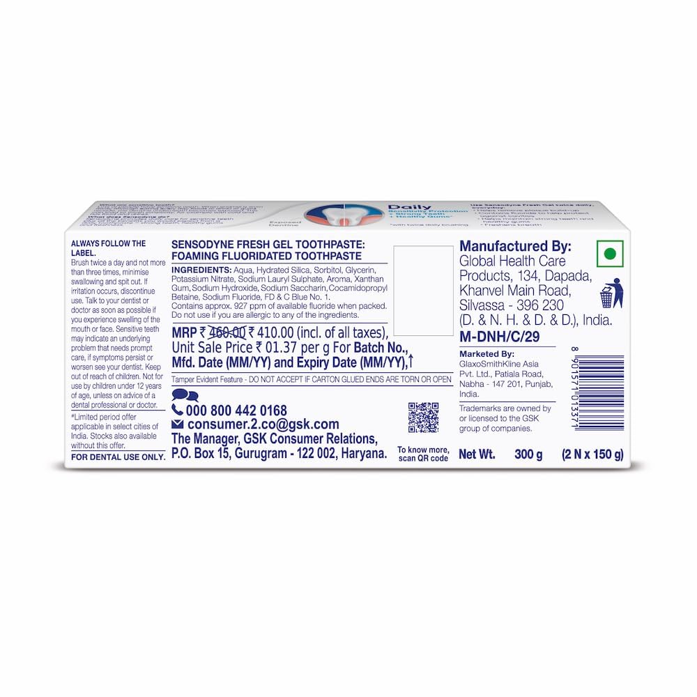 Sensodyne Fresh Gel 150gx2 Value Pack (Save Rs 50) | Sensitive toothpaste for daily sensitivity protection | Dentist Recommended Brand product image 5