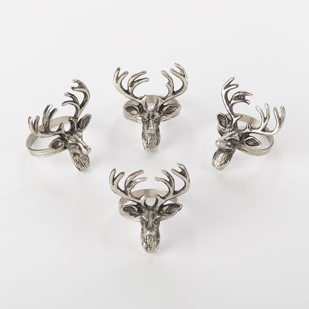 Fennco Styles Classic Holiday Reindeer Design Napkin Rings - Silver - Set of 4