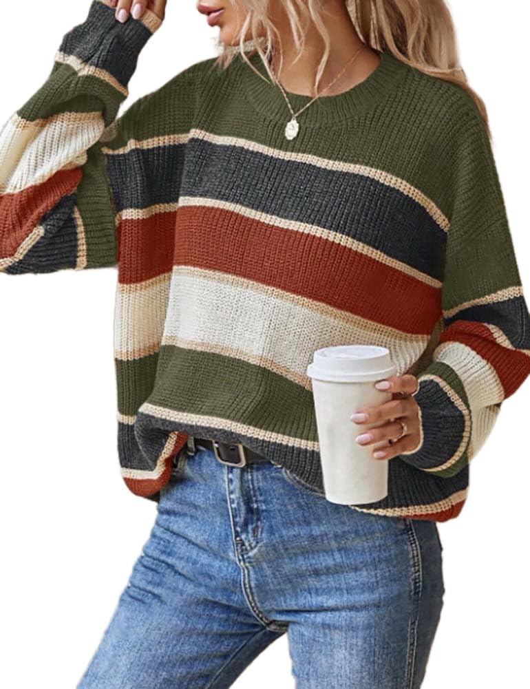 Mywinway Striped Sweater Women Fall Winter Casual Crew Neck Color Block Lightweight Knit Pullover Sweaters Tops