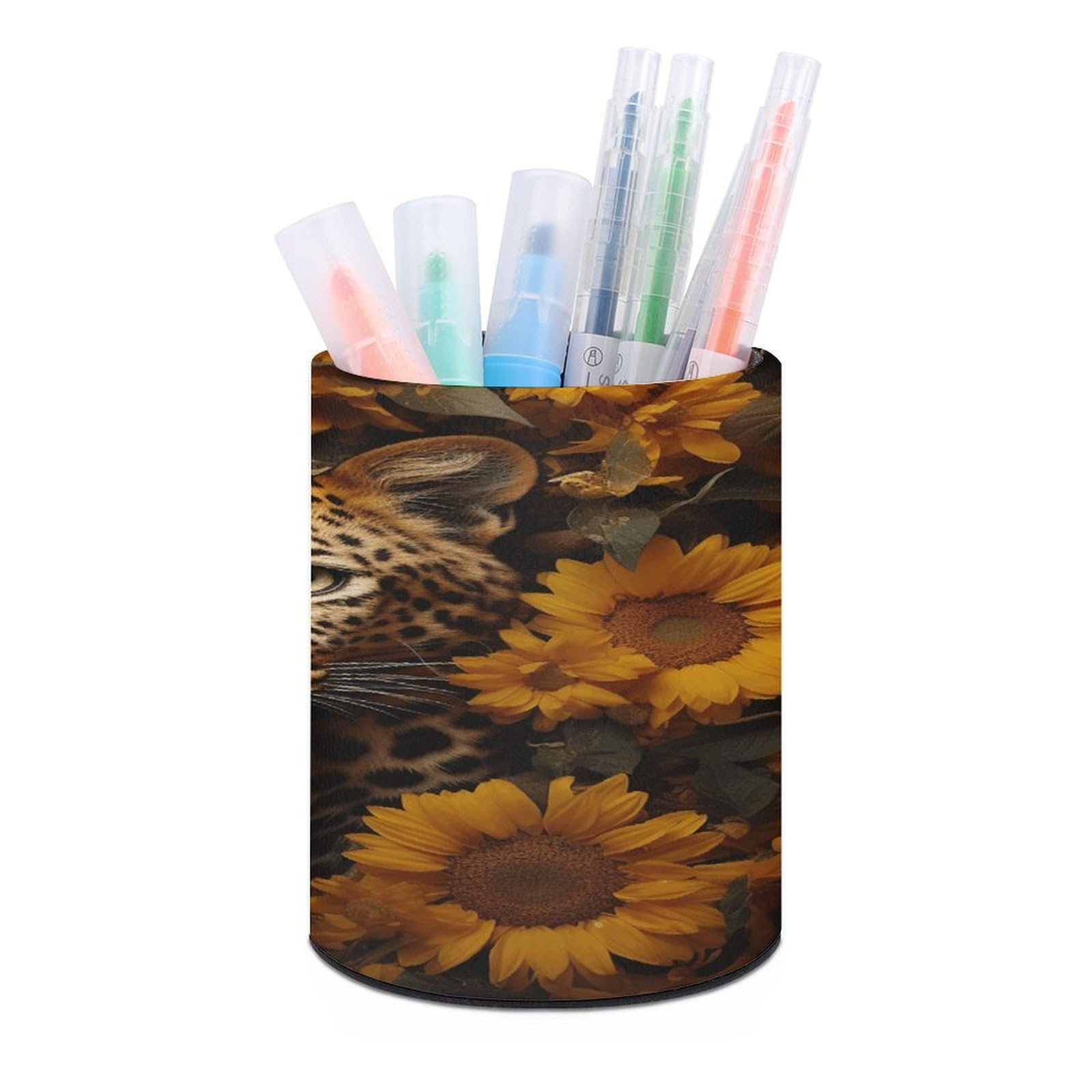 FekiLoot PU Leather Round Pen Holder Leopard And Sunflower Pencil Holder Desk Organizer Pen Organizer Pen Cup Pencil Cup Caddy Desktop Stationery Organizers for Office Home Supplies