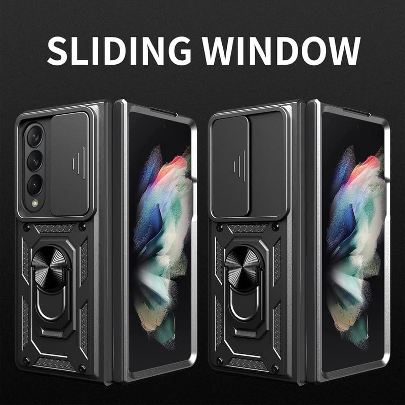 Image of Tough Armor Back Cover for Samsung Galaxy Z Fold 4 5G Bumper Back Case | Ring Holder & Sliding Camera Shield Cover | 360 Degree Protection Back Case Cover (Black)