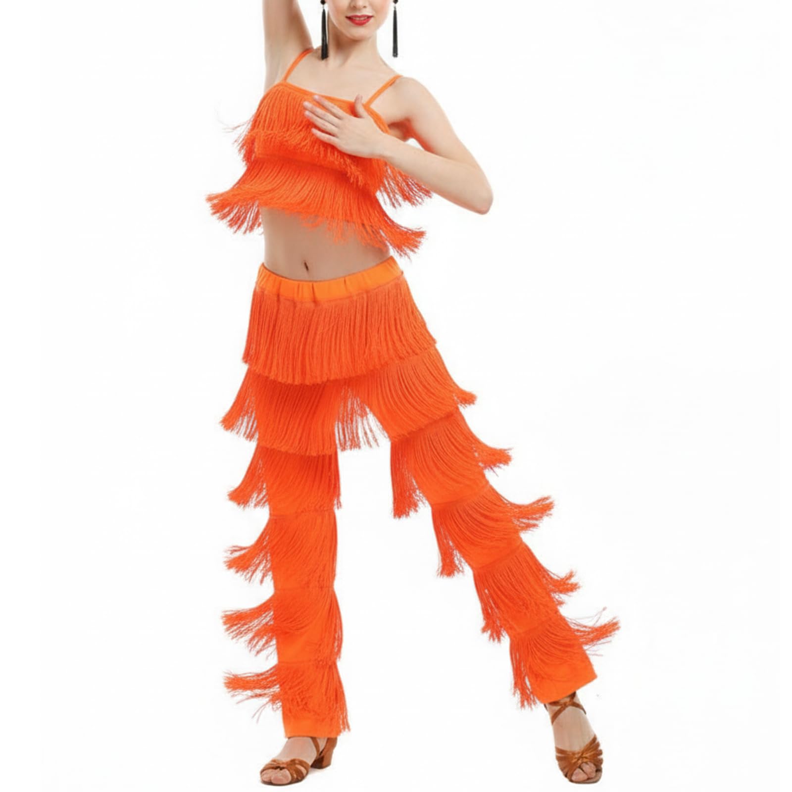 Heitongmaoyi Women's Orange Latin Tassel Dance Top And Trousers 2 Piece Sets For Ballroom Rumba Tango Salsa( 8-9T)