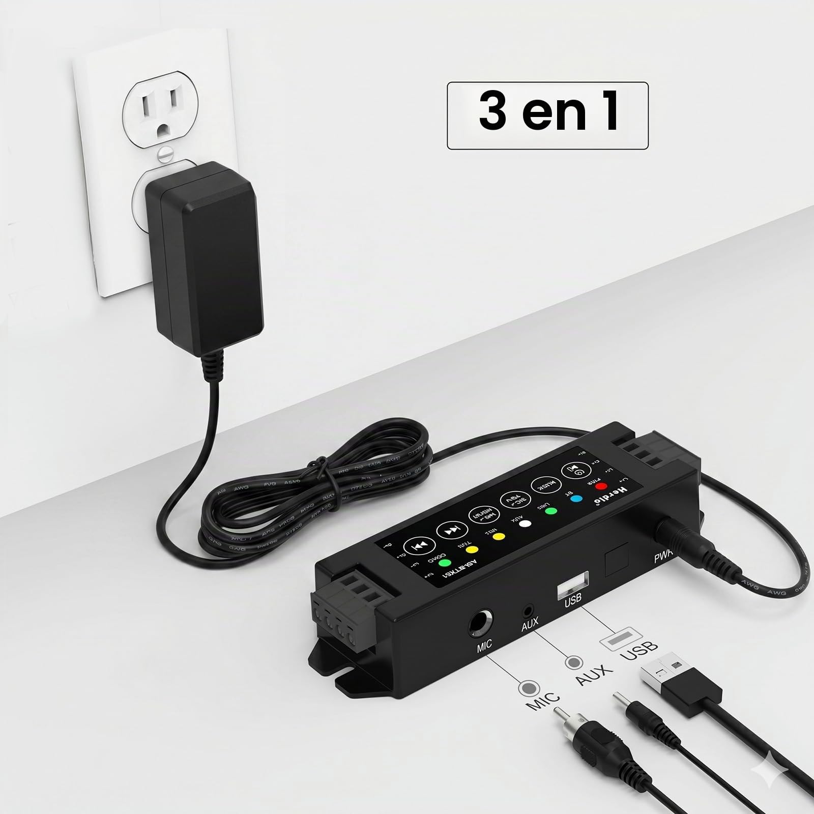 Herdio Amplificador Bluetooth 5.0 de 4 Canales,200W de Potencia con Fuente 24V 5A AC - DC, Instalación en Pared, USB/Mic/AUX/TWS (40W por Canal)