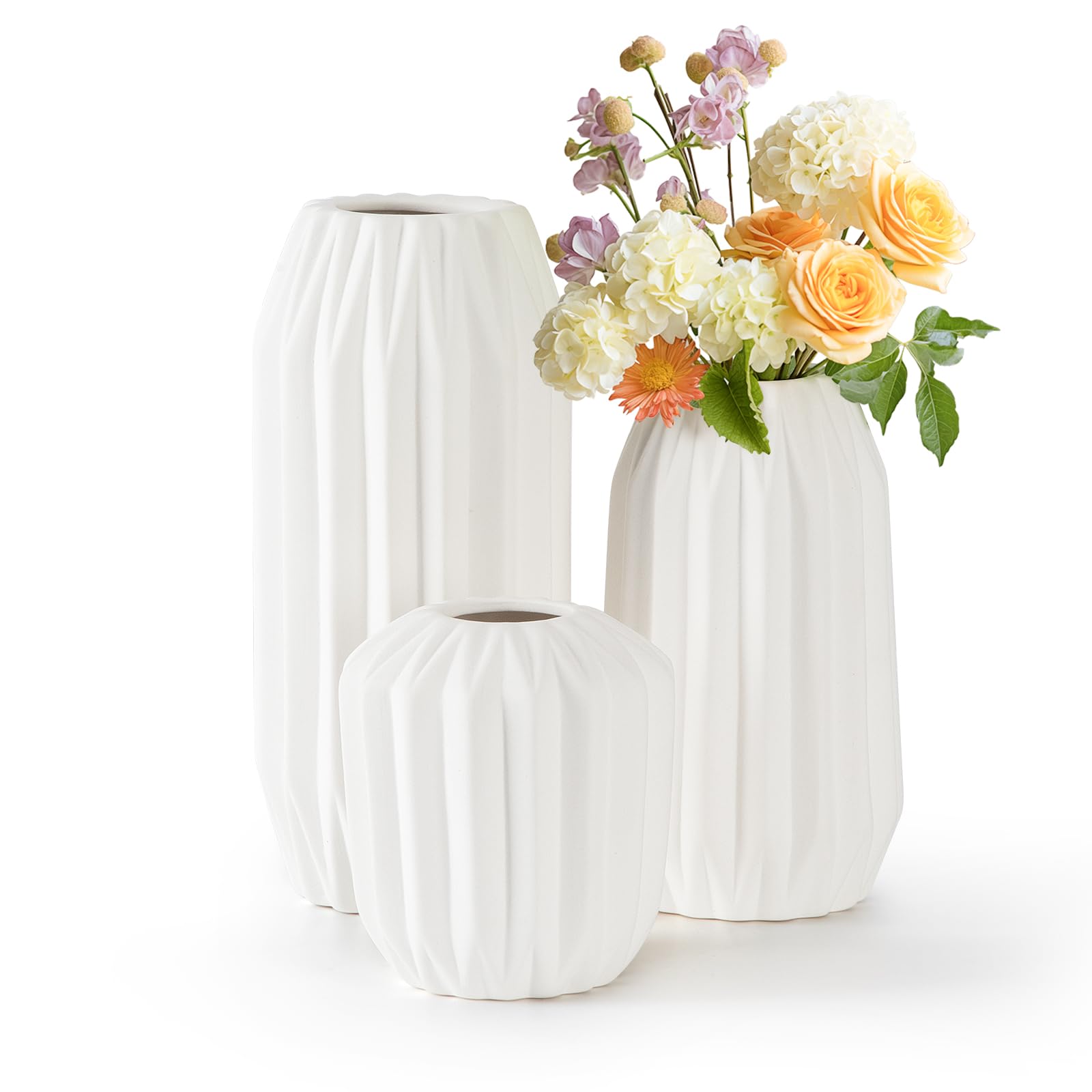 Cinnani Juego de 3 Jarrón de Cerámica Blanco- Jarrones Decorativos modernos, Jarrones Minimalistas de Hierba de la Pampa en Estilo Boho, Flores Frescas para Flores Secas Dormitorio Hall