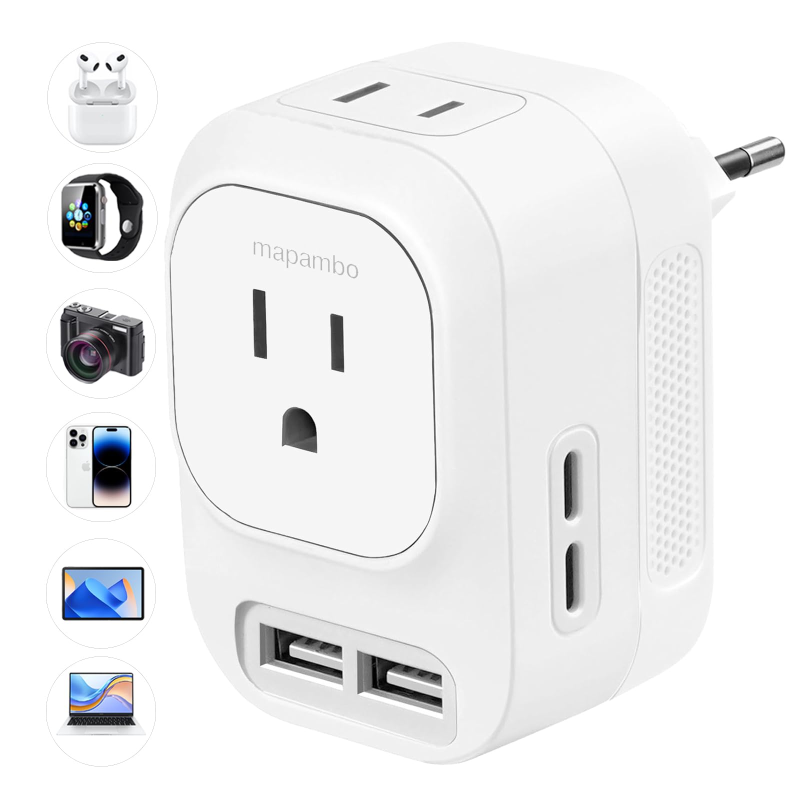 Mapambo 220V to 110V Voltage Converter US to Europe Converter for European Travel Plug Adapter with 2 USB Port 2 USB C International Power Adapter for US to France Germany Italy Spain (White)