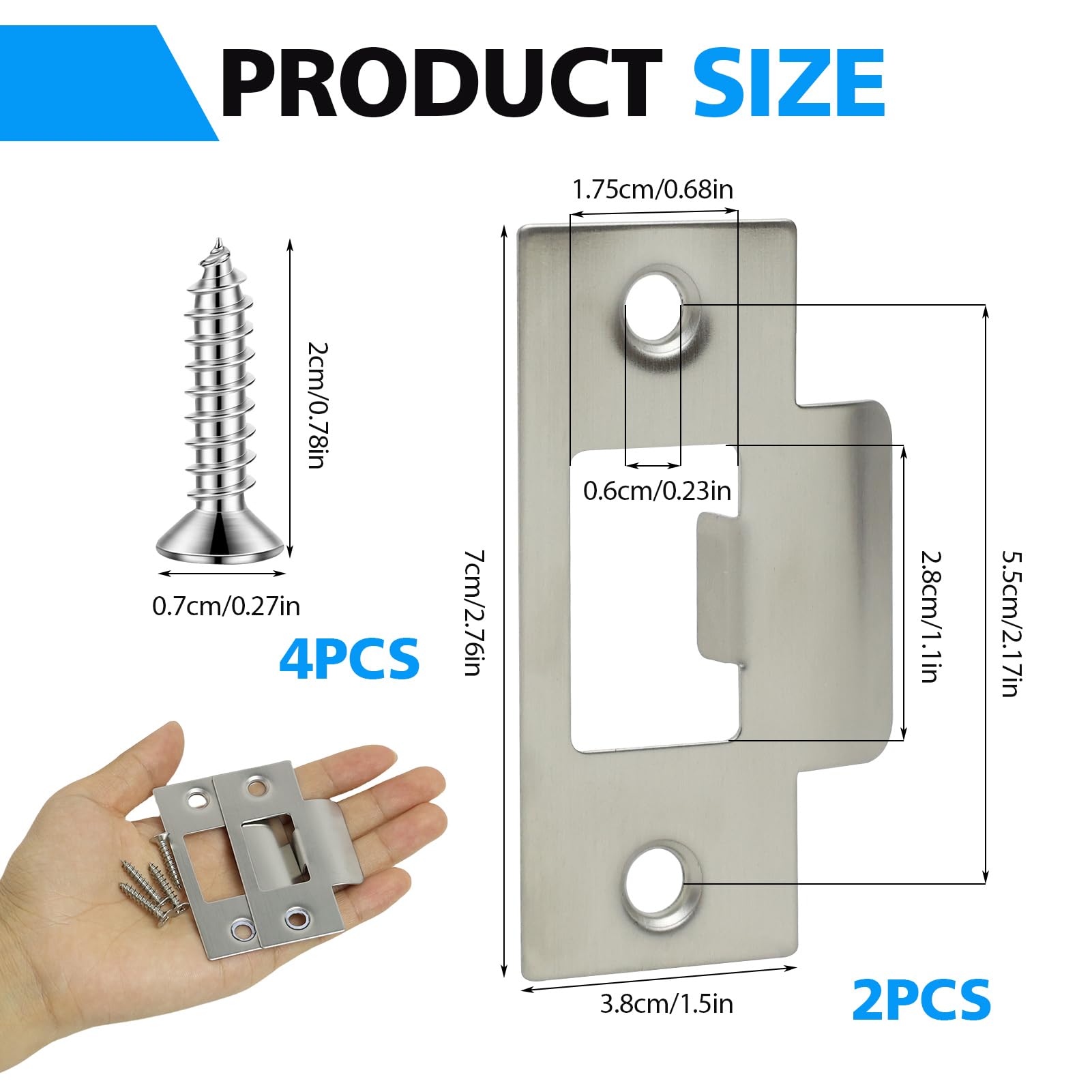 Door Strike Plate for Internal Doors 2Pcs Door Latch Plate with 4Pcs Matching Screws Stainless Steel 70*40.3mm Door Latches for Mortice Lock Tubular Latch Door Frame Door Jamb Reinforcement (Silver) - Image 2