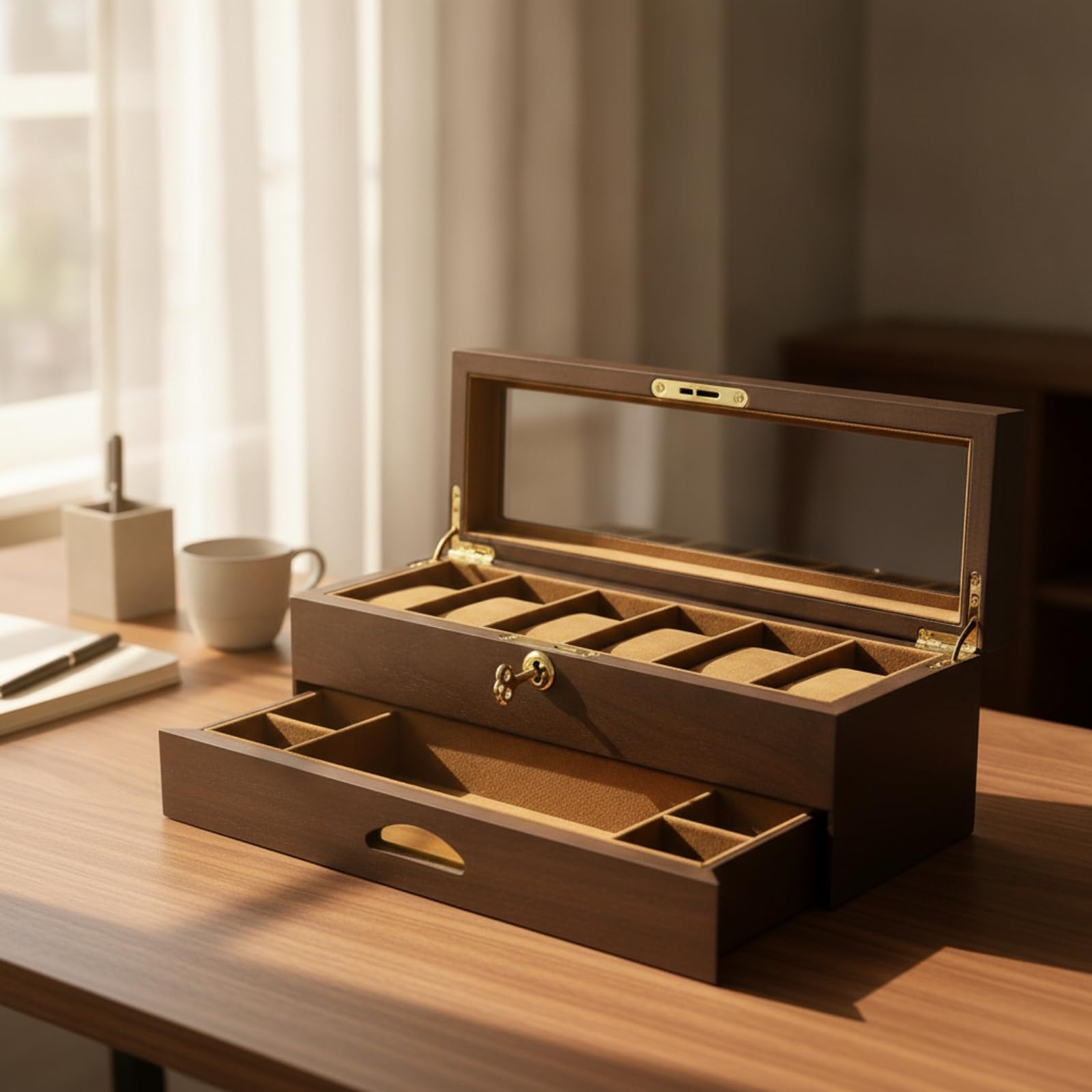Organizador Relojes con Tapa Cristal Joyero con Cierre Suave Organizadora Joyas Tapa Cristal para Coleccionistas, Tocador, Caja De 6 Relojes De Doble Capa Con Cajón, Acabado En Teca