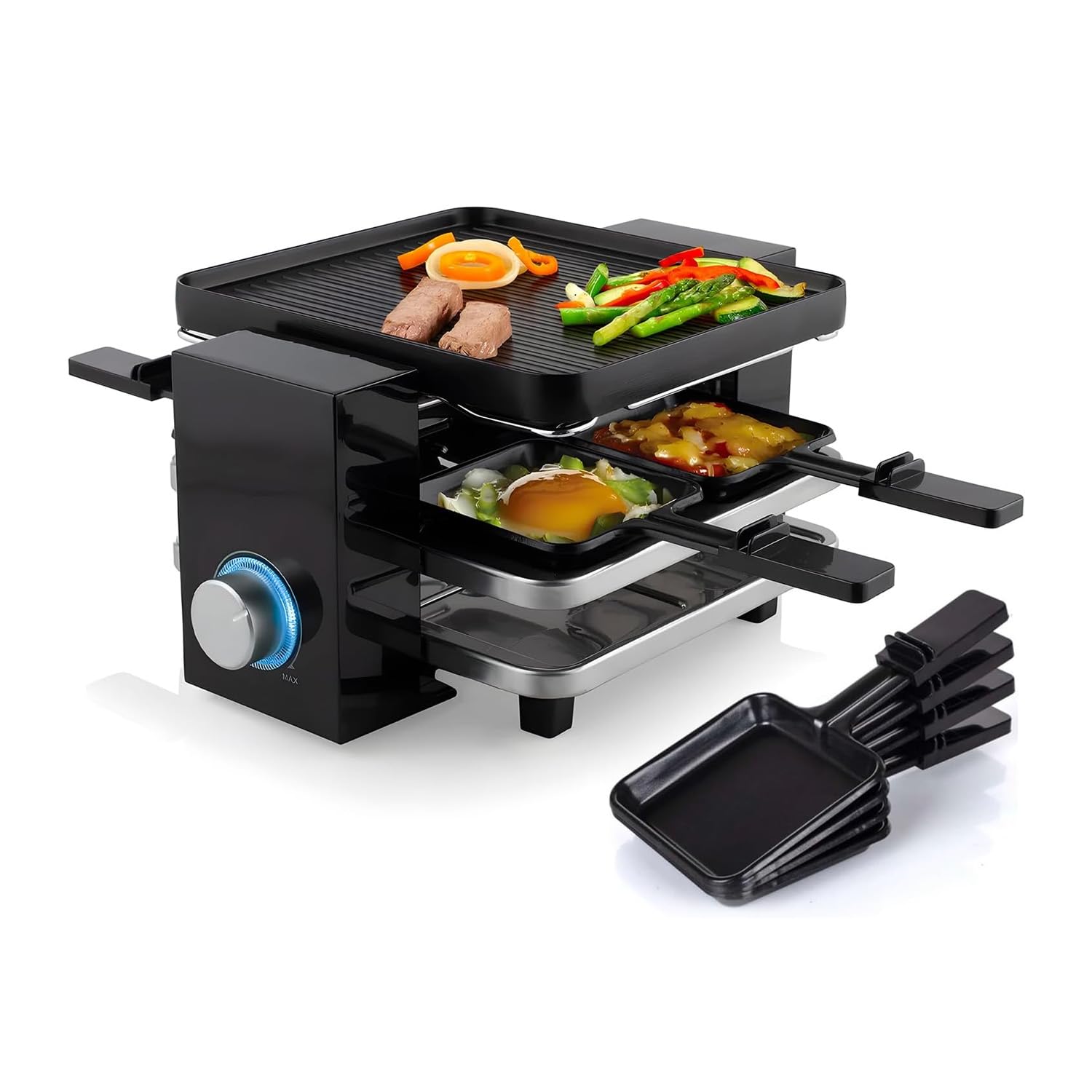 Avilia - Griglia Elettrica Multifunzione 4in1 da 700W con Termostato Regolabile per Carne, Verdure e Formaggi, Raclette da Tavolo con Piastre Antiaderenti e Ponte Parcheggio Compatto