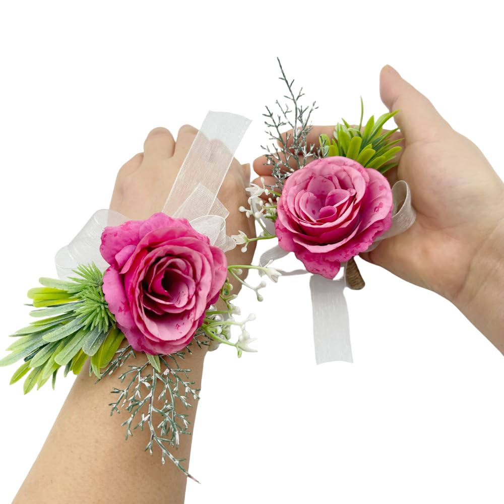 Rose Wrist Corsage Wristlet Band and Men Boutonniere Set, Corsage for Prom,Bride Hand Flower,Wedding Flowers Ceremony,Wedding Party Prom Decor,Handmade Petals Hair Hat Wreath (Rose Red)