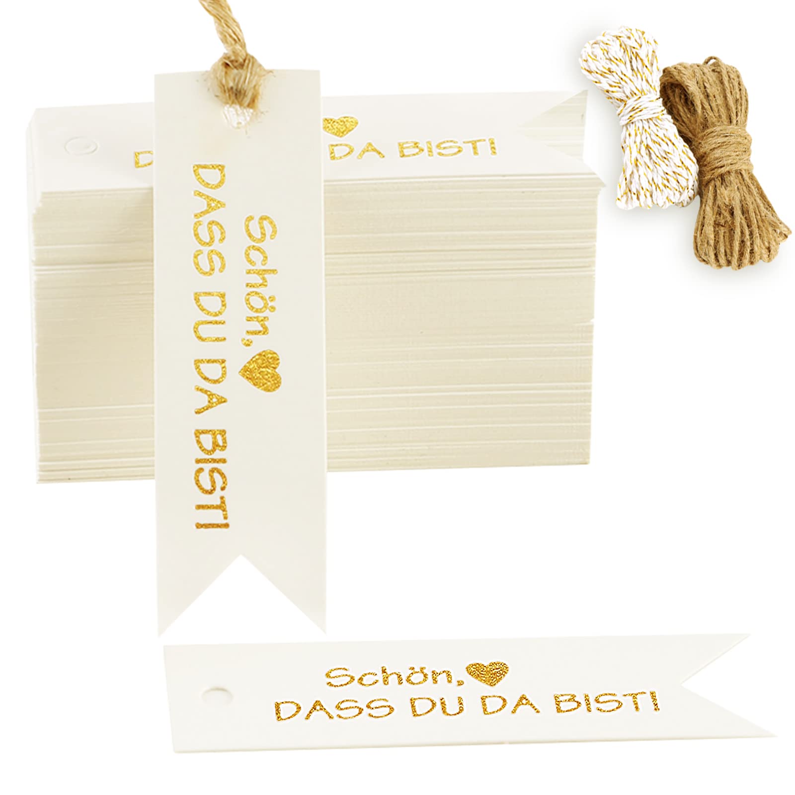 Pack of 100 Gift Tags, Schön Dass Du Da Bist Gift Tags White for Wedding Communion Christmas, Thank You Labels Tags, Kraft Paper Pendant, White with 10 Metres Jute String and Gold White Rope