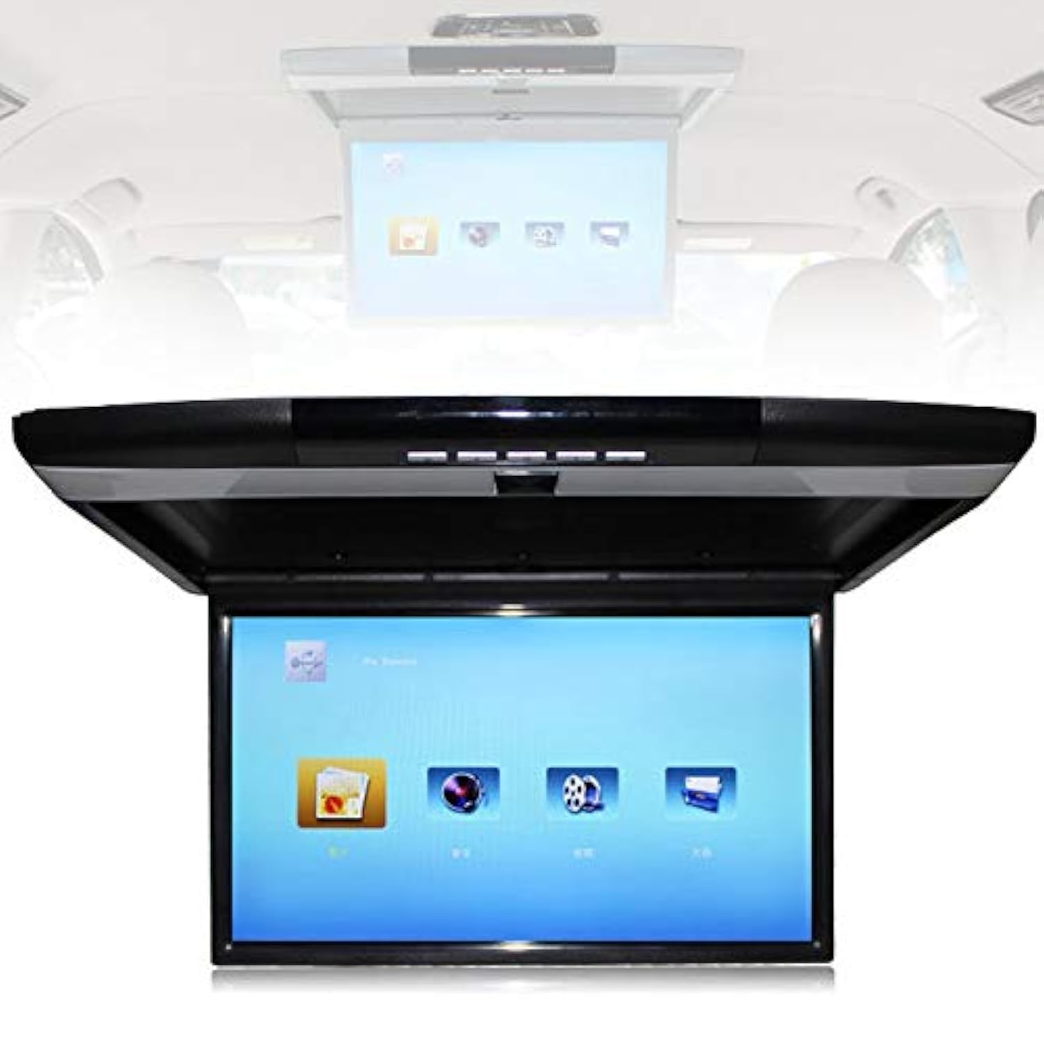 Monitor Ribaltabile per Auto, 17.3 Pollici 16: 9 Schermo Tft Digitale Ultrasottile 1080p Video Lettore per Auto da Tetto Monitor Montato sul Tetto Porta Hdmi USB SD Ir E FM,Black