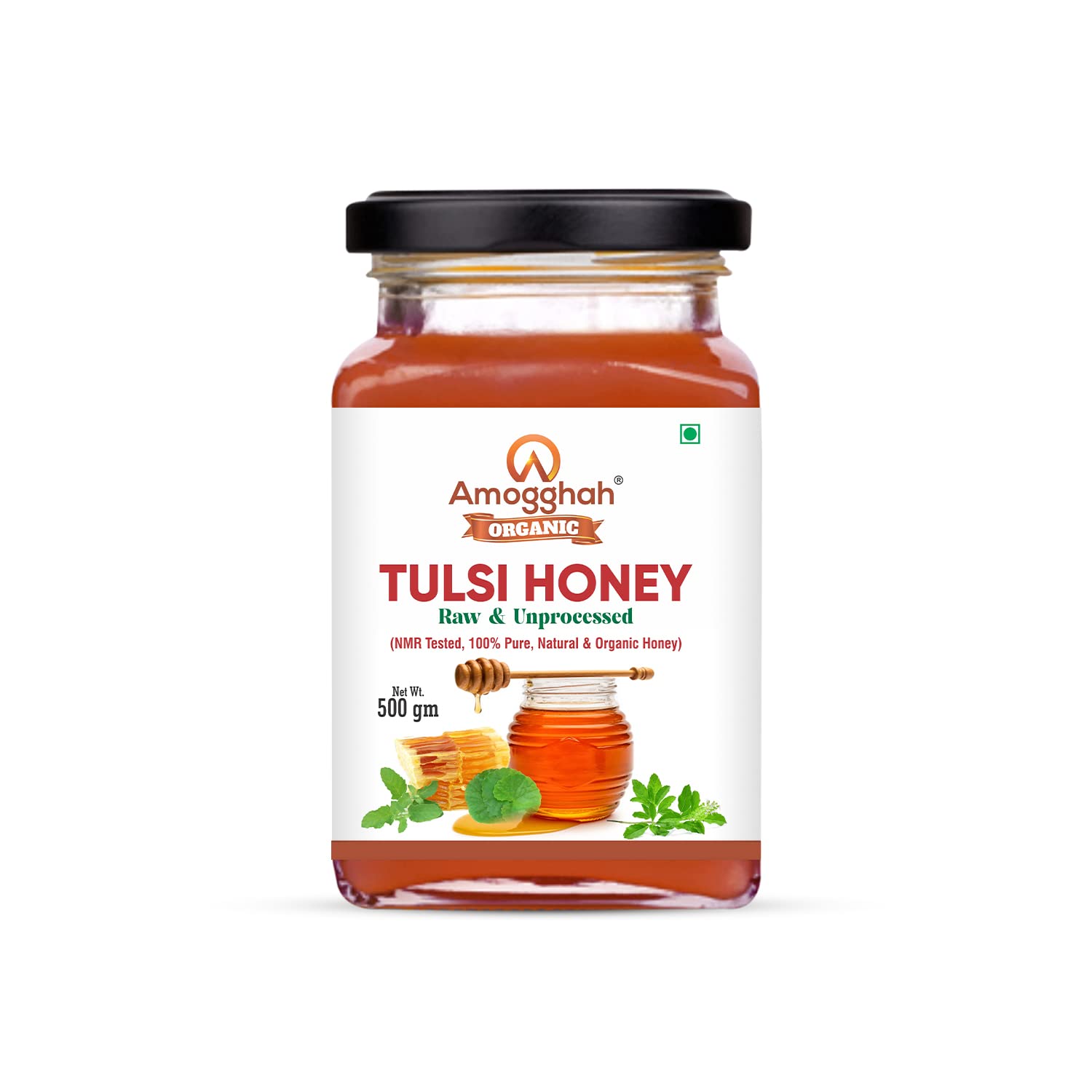 Amogghah Organic Tulsi Honey | NMR Tested, Raw & Unprocessed Honey | An Ayurvedic Medicine for Immunity Boost - 500 Gm (Glass Jar)