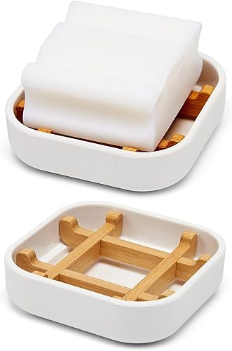 Jabonera cuadrada de bambú de madera para barra de jabón para ducha con drenaje para baño, pequeña jabonera desmontable (paquete doble esquinas