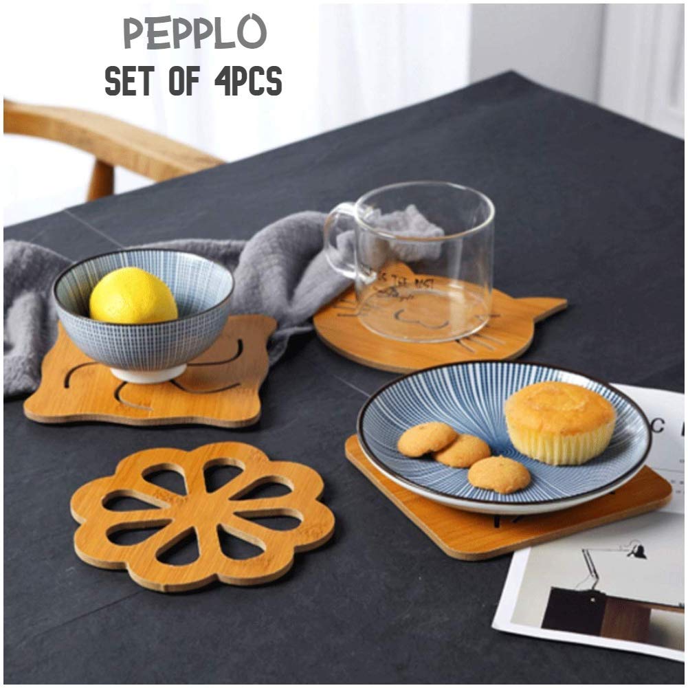 pepplo Heat Resistant Non-Slip Bamboo Trivets Pot Mat for Kitchen Table - 4Pcs Hot Pan Pads (Random Pattern)