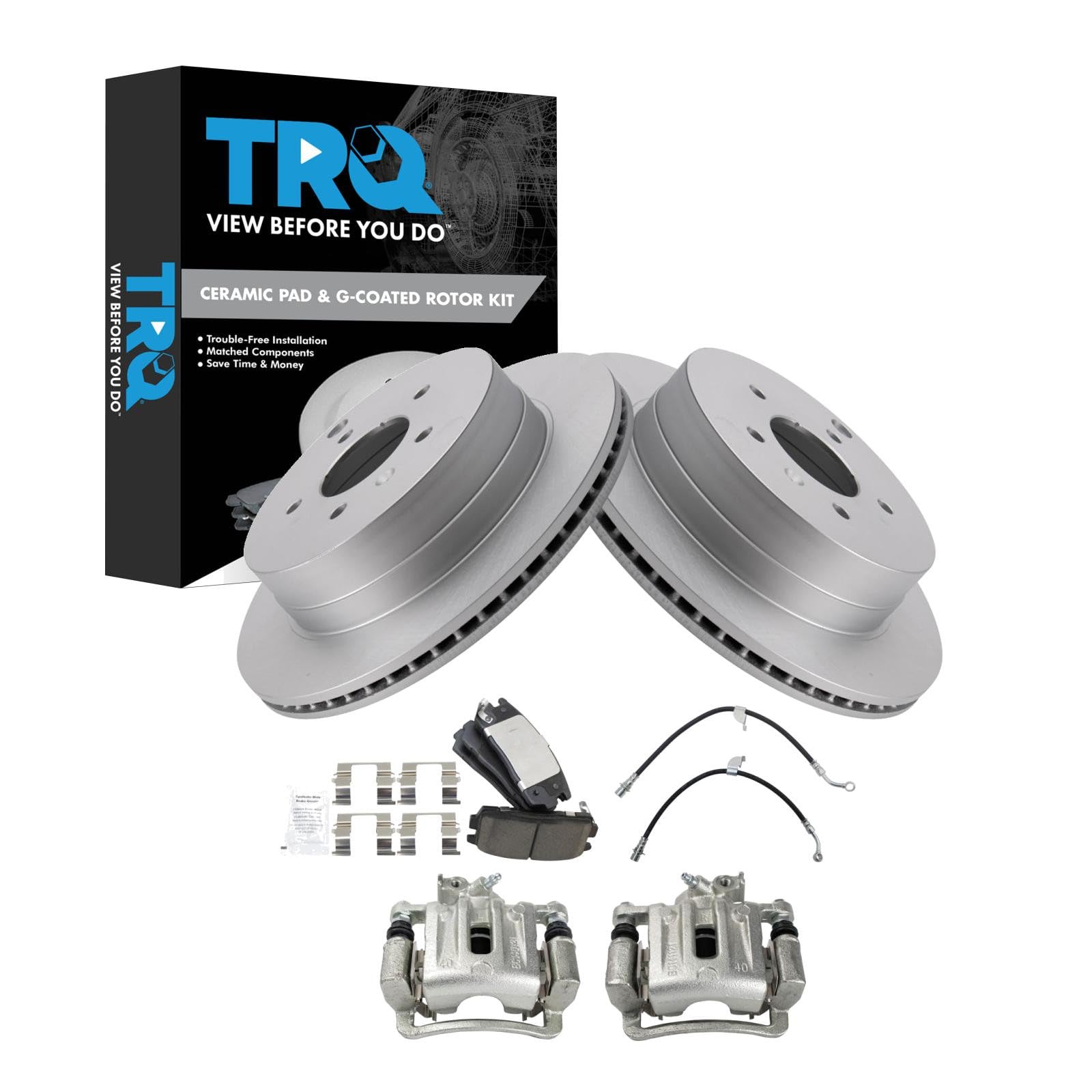 TRQ Rear Brake Pad &amp; Rotor Kit Ceramic Premium G-Coated Compatible with 2012-2015 Chevrolet Captiva Sport 2008-2010 Saturn Vue