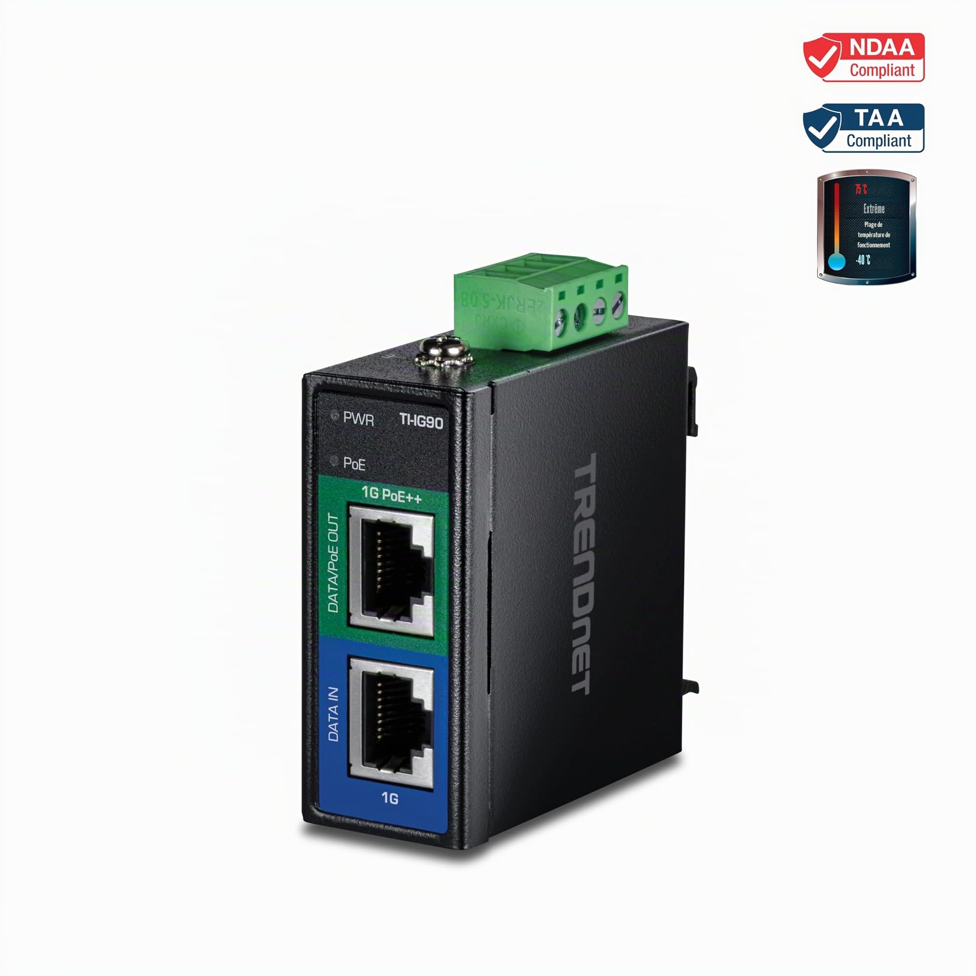 TRENDnet, TI-IG90, Injecteur Industriel renforcé 90 W Gigabit 4Ppoe, 4 Paires d'alimentation sur Ethernet, Poe (15,4 W), Poe+ (30 W), Alimentation 4 Ppoe (90 W), IP30, Rail DIN/Montage Mural Inclus