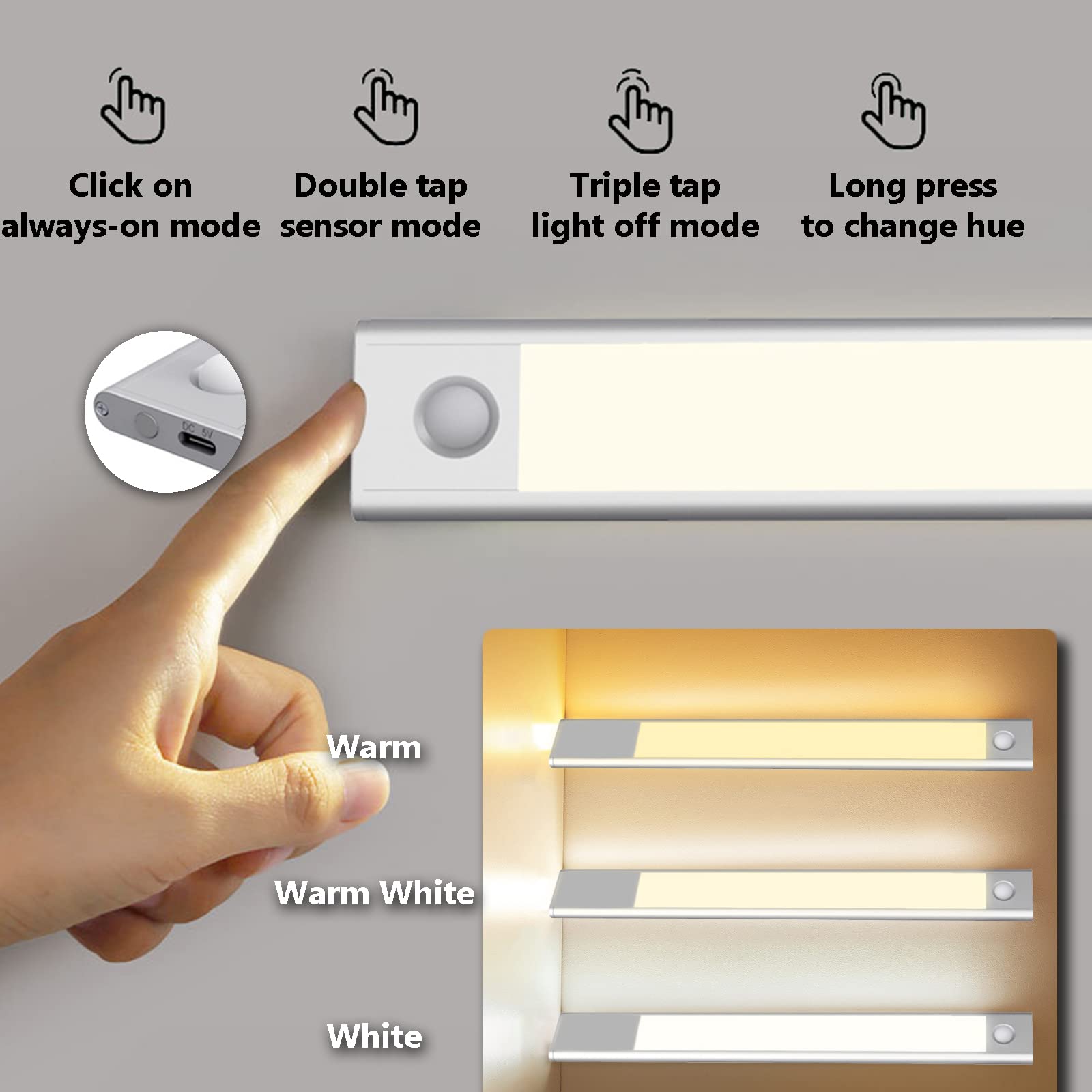 Luz Armario, Luces LED Sensor De Movimiento, Luz De Dormitorio Con Cinta Adhesiva Magnética, 64/104/124LED Luz Inalambrica USB Recargable Para Cocina Escaleras Bajo Armario Pasillo,40cm
