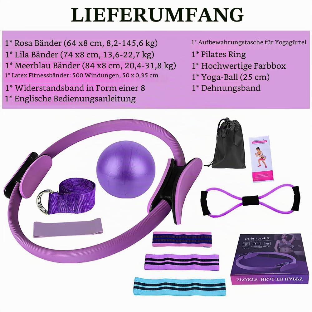 Pilates Set, 11 Teilige Pilates Zubehör, Yoga Set Mit Yoga Gurt Widerstandsring, Pilatesball, Stärken des Rumpfes Und Fitness, Für Bauch Beine Po Heimtraining Und Studio-Workout (Lila)