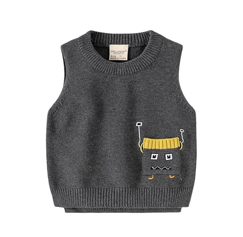 Toddler Sleeveless Knit Sweater Vest Round Neck Pullover Vests Unisex Thermal Breathable Cotton Cartoon Embroidery (Gray,12 Months)