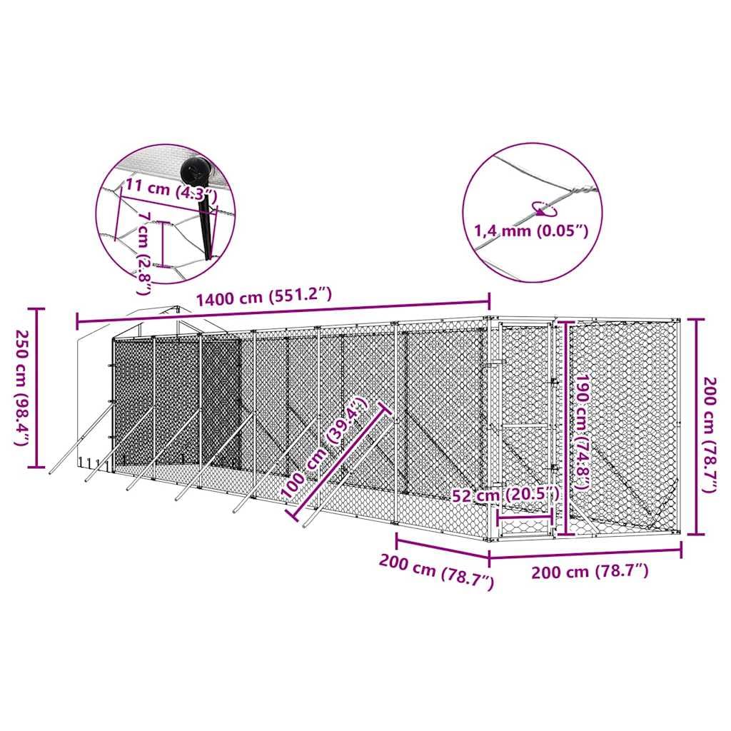 Perrera para perros al aire libre con techo plateado, 2 x 14 x 2,5 m, acero galvanizado, resistente recinto para perros con puerta con cierre para una salida segura en el jardín y recinto
