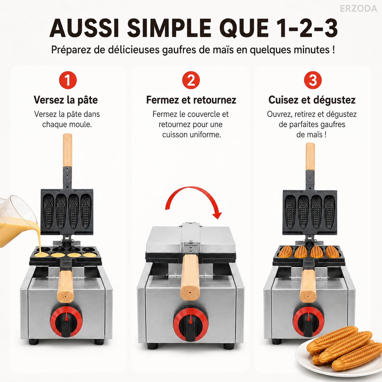 ERZODA Machine à Gaufres au Gaz GPL, Gaufrier Commercial Forme Épi de Maïs, 4 Moules, Acier Inoxydable, pour Snack Food Truck et Stand de Marché