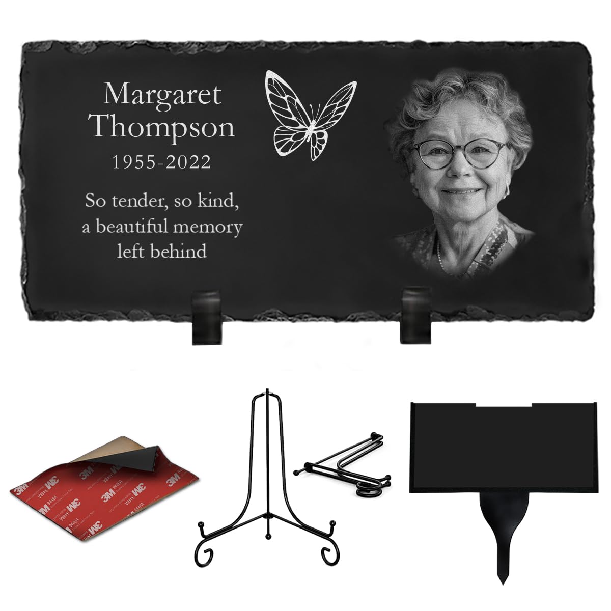 ETERNEL - Personalized Multi-Supports Memorial Plaque Butterfly - to plant, stick or place, Slate or Granite, Photo and text of your choice, Cemetery plaque, mortuary, grave, deceased, tribute