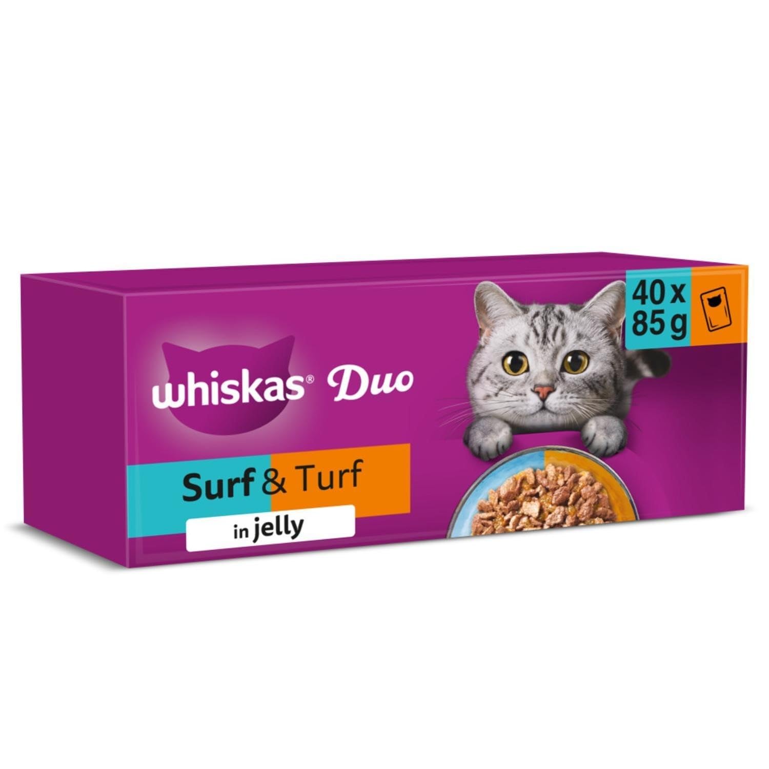 Whiskas 1+ Duo Surf & Turf Mixed Adult Wet Cat Food Pouches in Jelly 120 x 85g