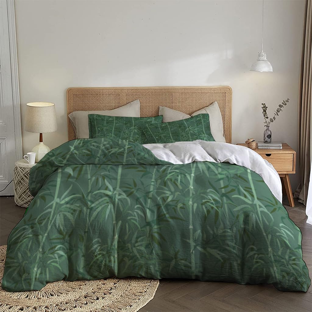 NIBAINLO 布団カバー緑の竹の枝と葉 肌に優しい ピーチスキン加工 掛け布団カバー 和式 洋式 あったか 布団カバーセット リバーシブル ホームステイ ホテル 家庭兼用