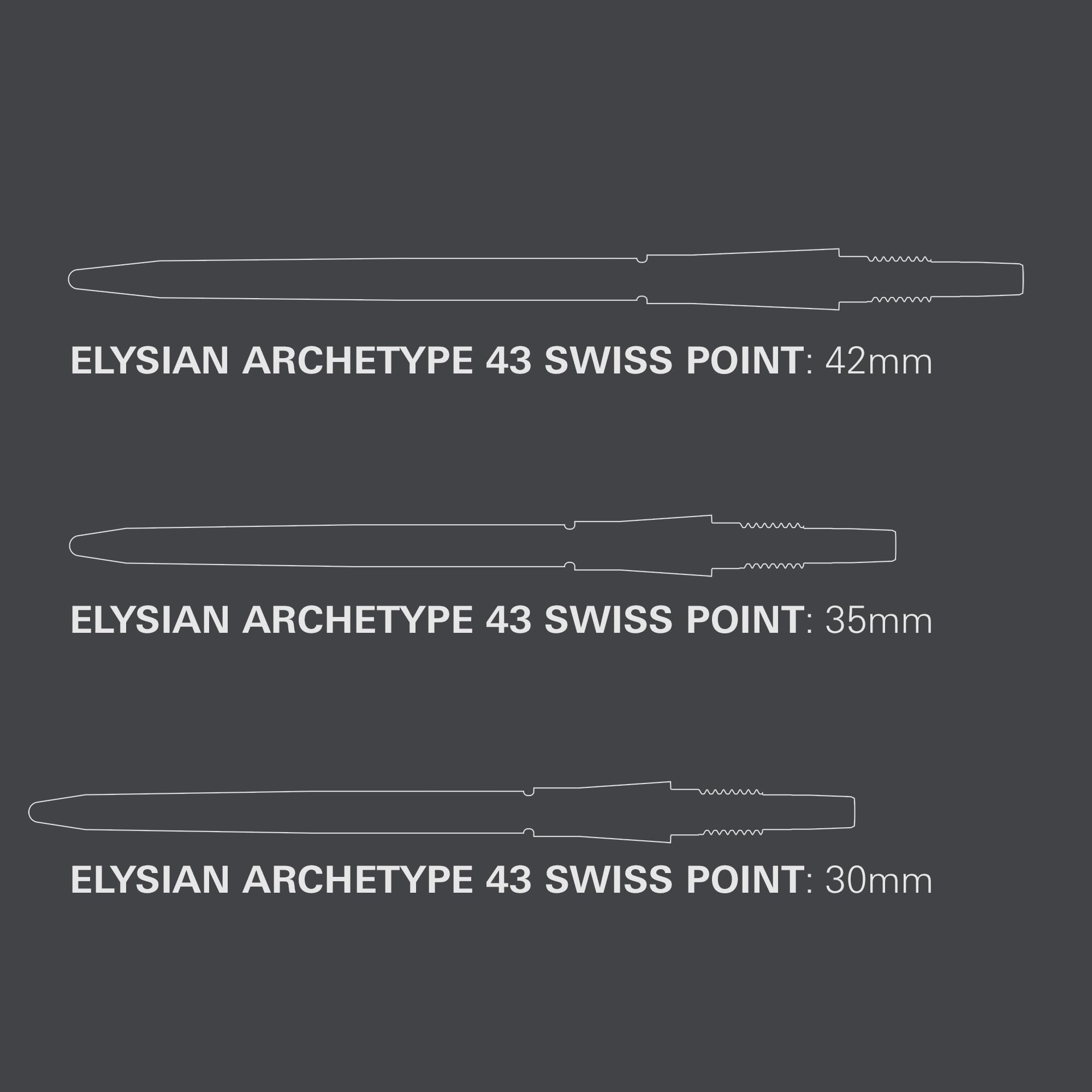 Target Darts Elysian Archetype 43 Swiss Point | 3er-Pack Set mit Spitzen | 30 mm/35 mm/42 mm – Gold/Silber/Schwarz | Dartspitzen austauschen, Swiss Storm-Spitzen, professionelles Dartzubehör