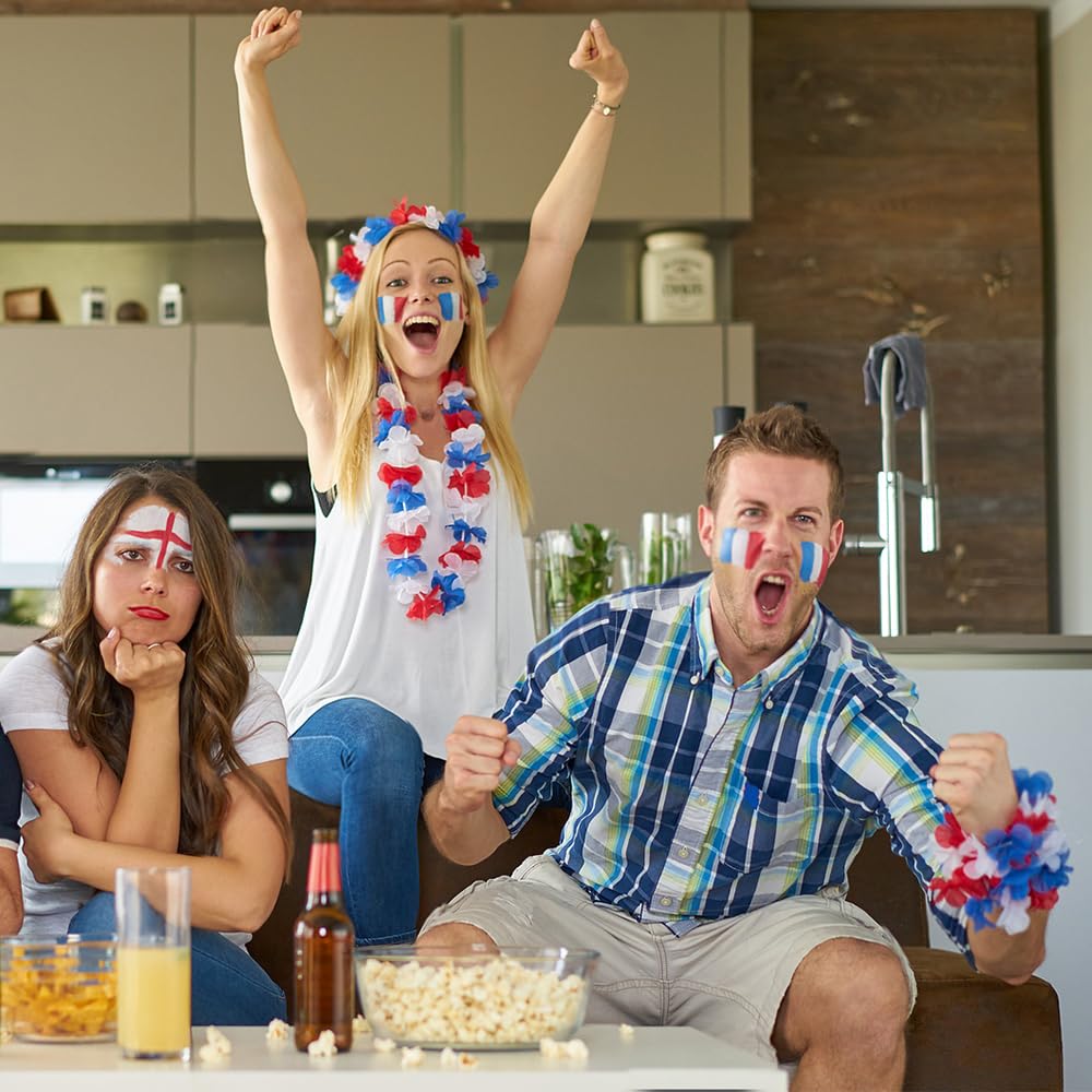 12 Pièces Kit Supporter Equipe de France, 1 Bandeau Perruque + 4 Couronne + 2 Autocollants Visages + 1 Lunettes + 1 Broche + 2 Tenant Un Petit Drapeau + 1 Sifflet