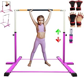 GymPros Gymnastics Bar Pro Horizontal Kip Bar Expandable Height 3 to 5 FT with Gymnastic Gloves Set, Premium Jungle Gym Home Gym Pull Up Kids Gymnasts Junior Training Bar, Monkey Bar Playground, Pink