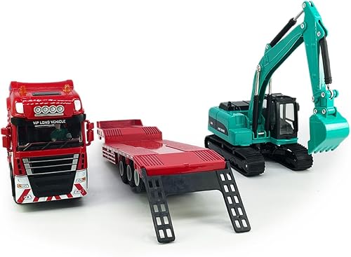 Miniatura 6 de Camión de juguete de cama plana con excavadora sobre orugas de juguete, tractor de remolque de transporte de camión de remolque de metal fundido a