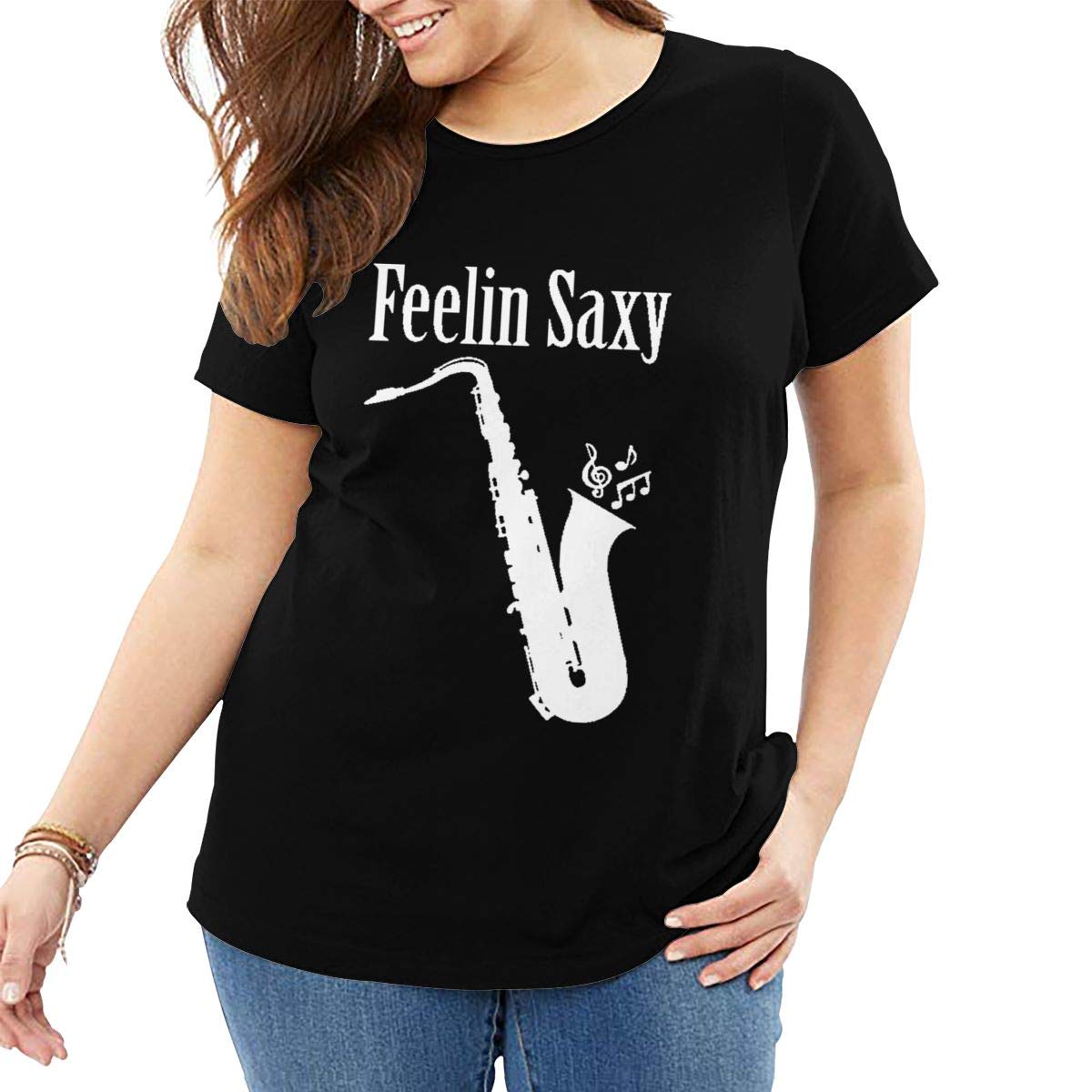 Feelin Saxy Funny Saxophone T-Shirt Women's Fashion Plus Size Casual Basic Tee Tops XL-6XL