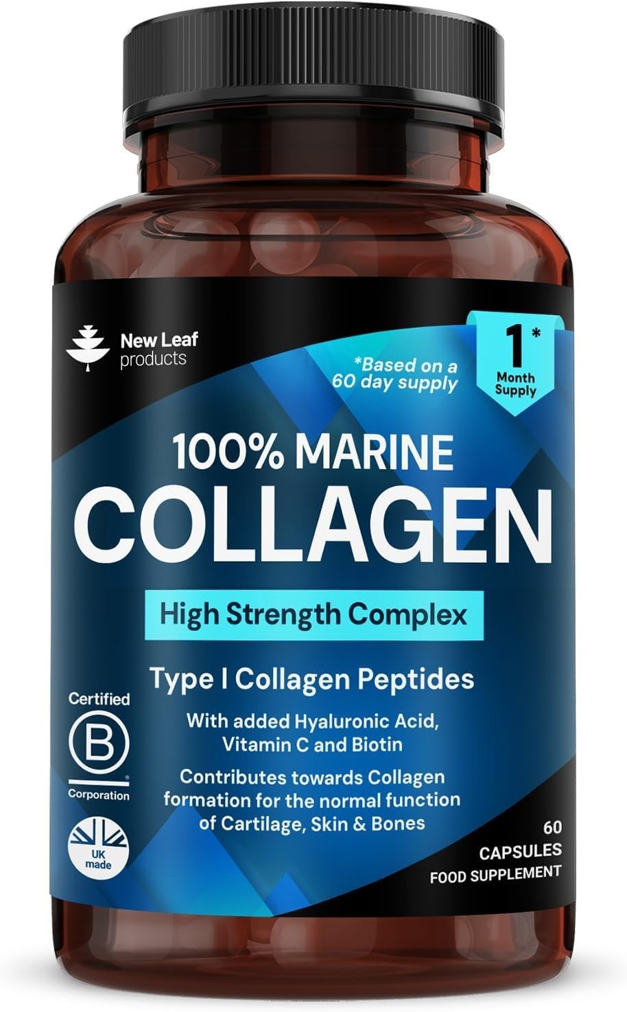 Pure Marine Collagen 100% Marine Collagen Type 1 Hydrolysed Collagen Peptides Enhanced with Hyaluronic Acid & Vitamin C -Essential Amino Acids - Collagen Supplements for Women and Men, 60 Capsules