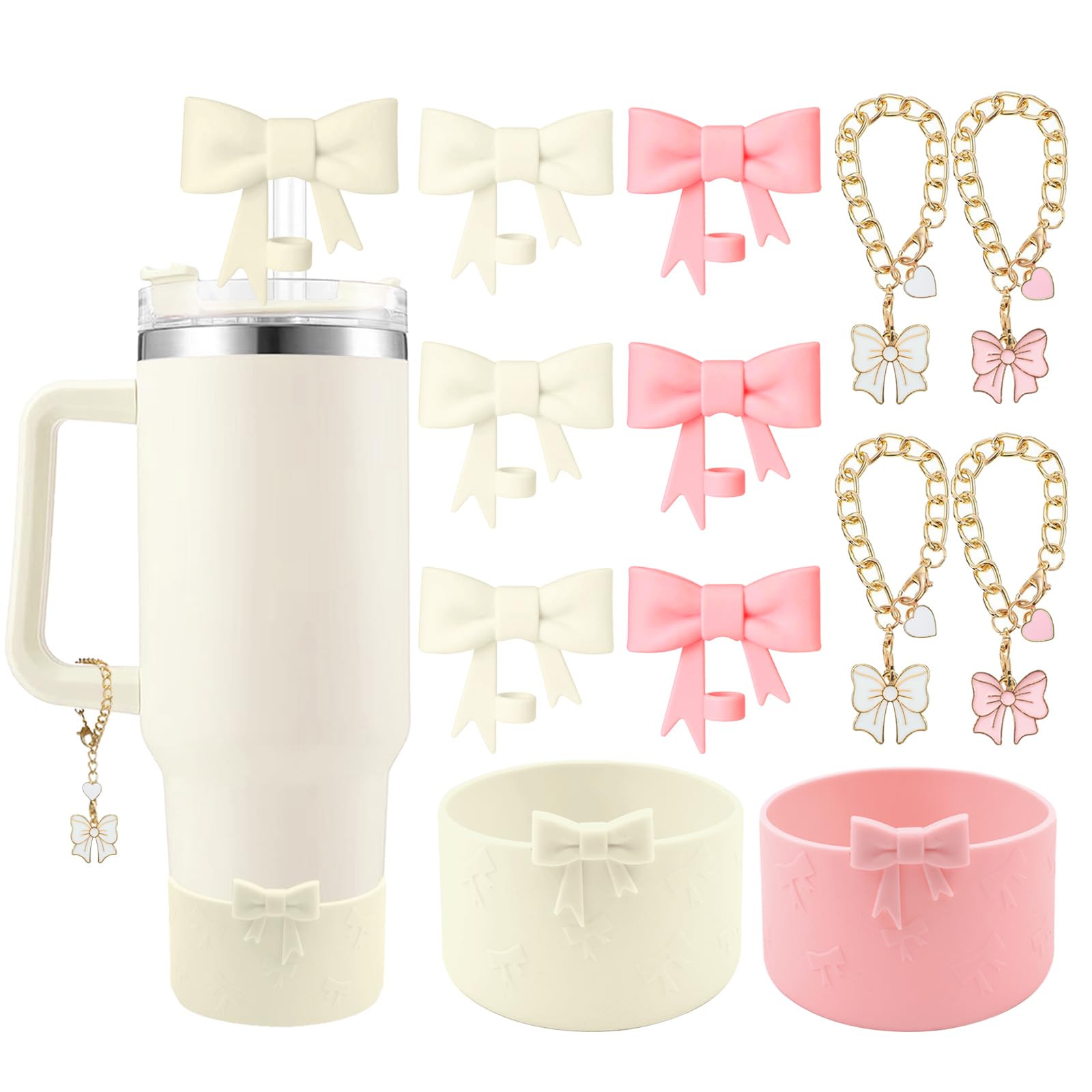 Hpebl Cup Accessories Set for Stanley,Including 6Pcs Cute Bow Straw Cover Caps 10mm Reusable Straw Toppers,2Pcs Silicone Boot Sleeve and 4Pcs Handle